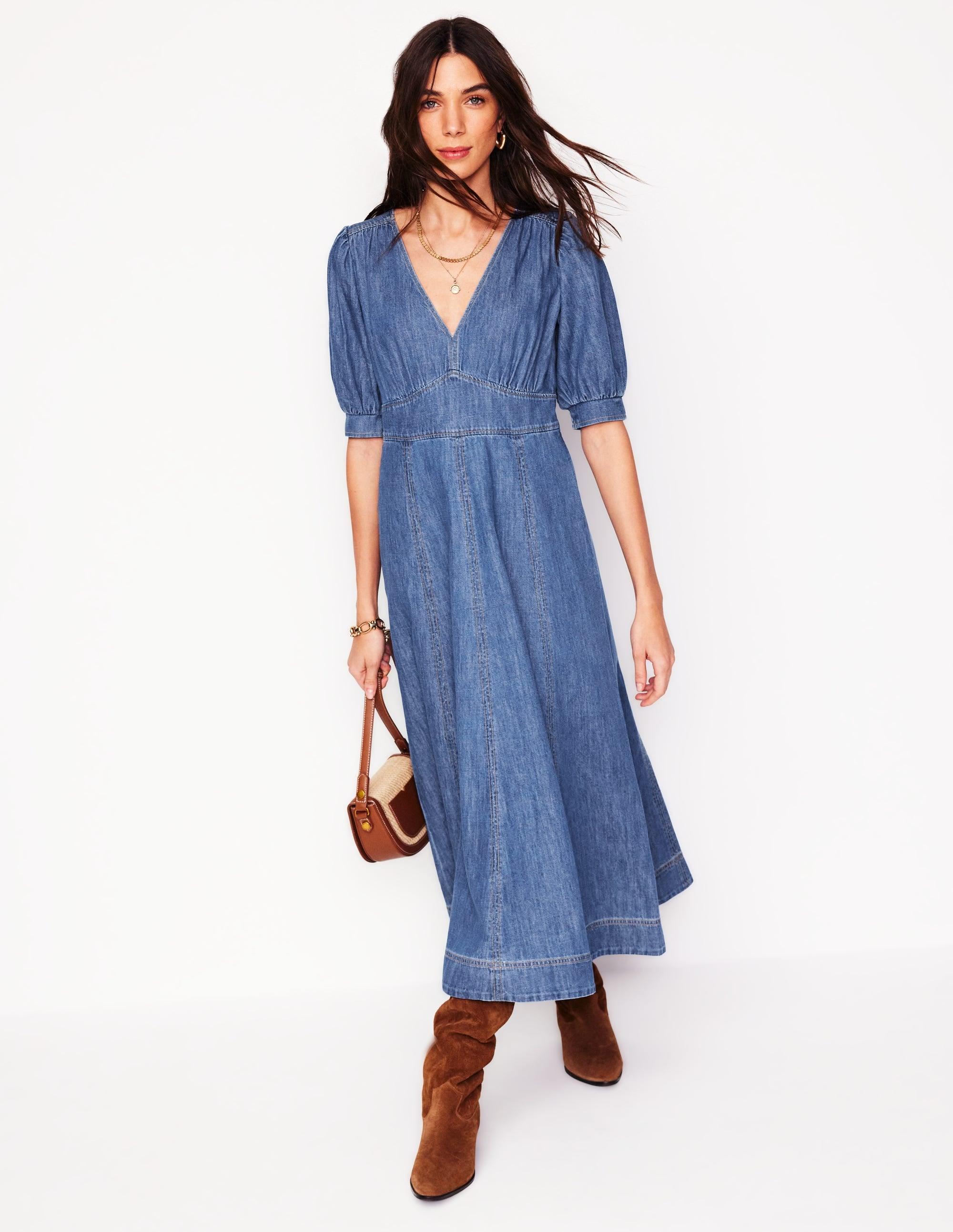 white christmas dresses Bow Front Woven Dress-Mid Vintage Denim
