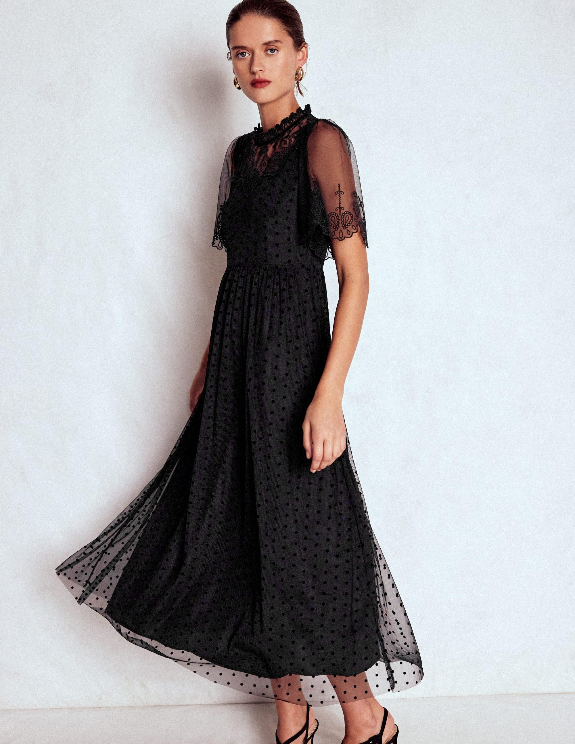 boden black lace dress Boden 12L Black Lace Formal Dress 3/4 Lace Sleeves NWT
