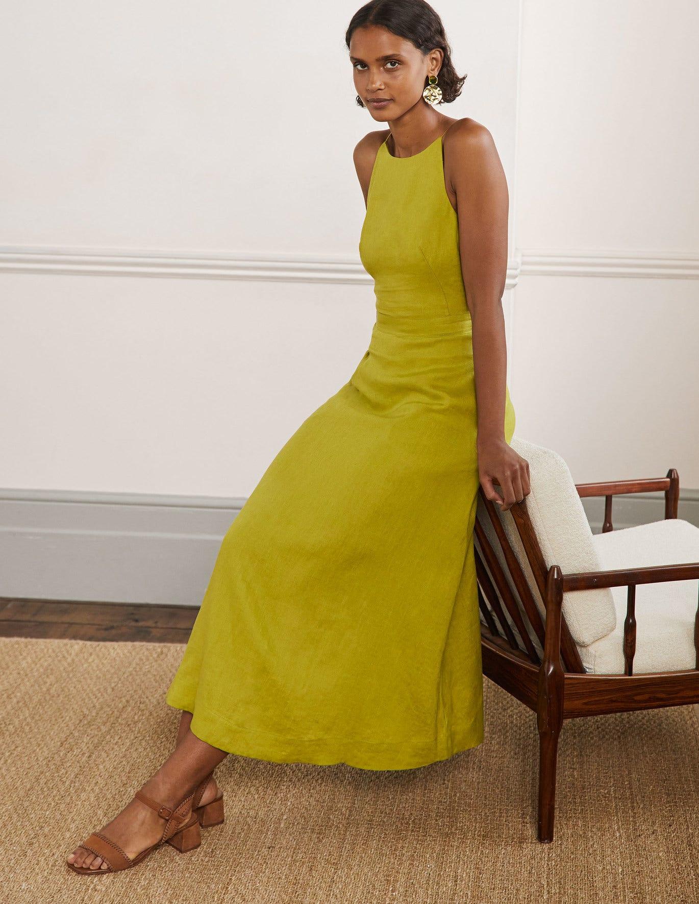 Boden Halterneck Linen Midi Dress in Yellow | Lyst
