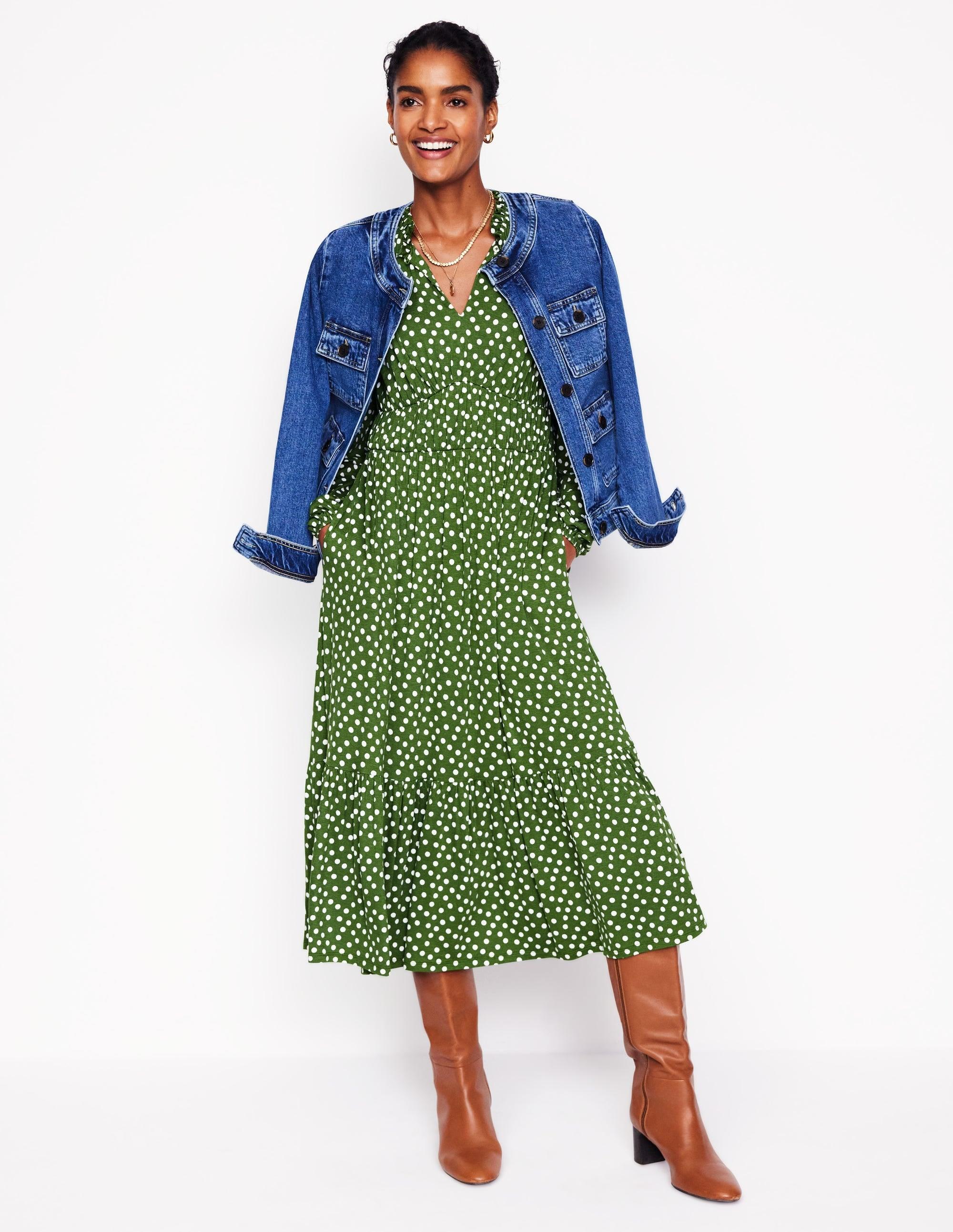 slim fit dress slacks Julia Cotton Wrap Midi Dress-Highland Green, Painted Dot