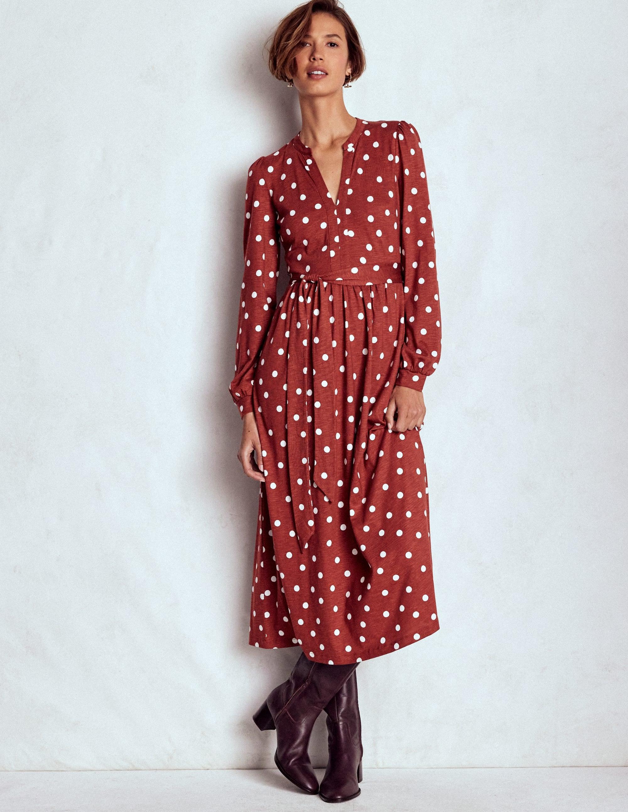 Boden Naomi Long Sleeve Jersey Dress Burnt, Painted Dot in Red | Lyst