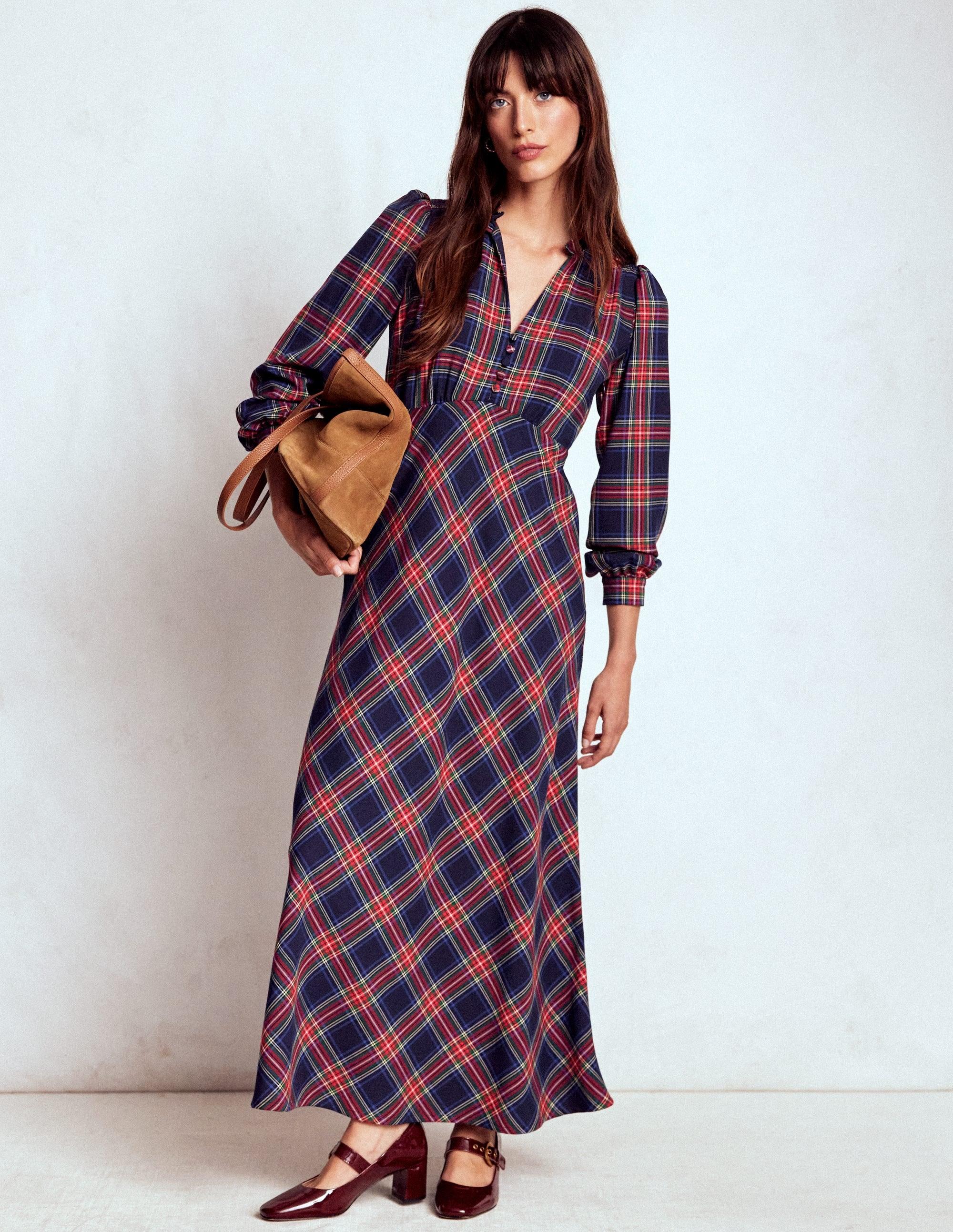 boden tartan maxi dress Tartan dress outfit winter
