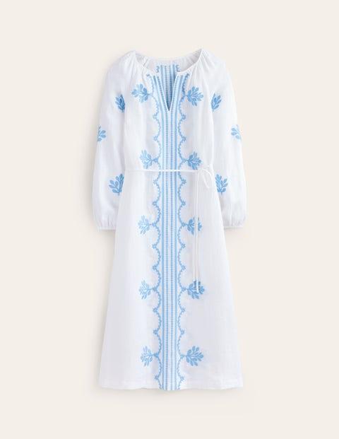 Boden Embroidered Belted Linen Dress in Blue | Lyst