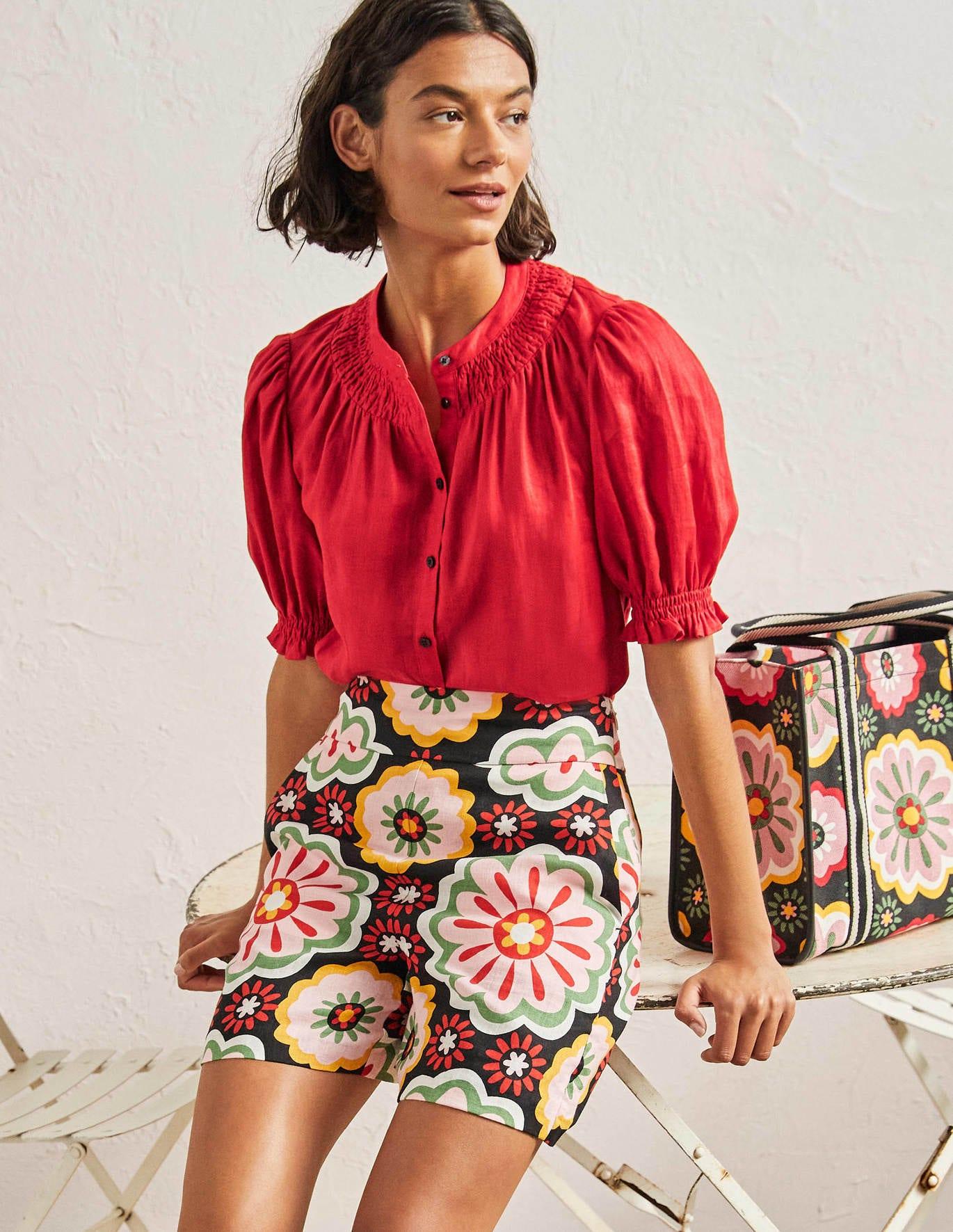 Boden Linen Smocked Short Sleeve Blouse 