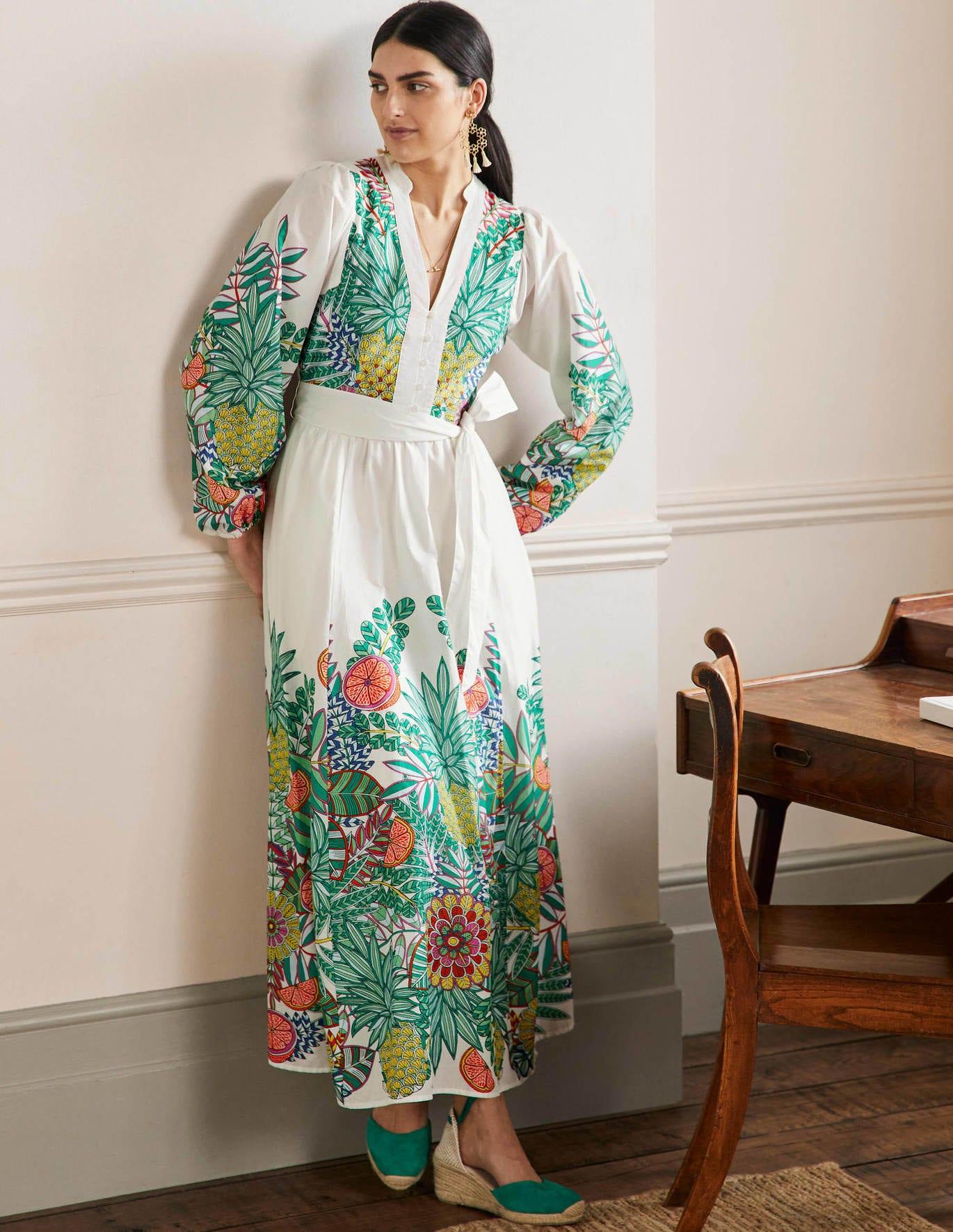 Boden Notch Neck Cotton Maxi Dress Ivory Pineapple in Green | Lyst