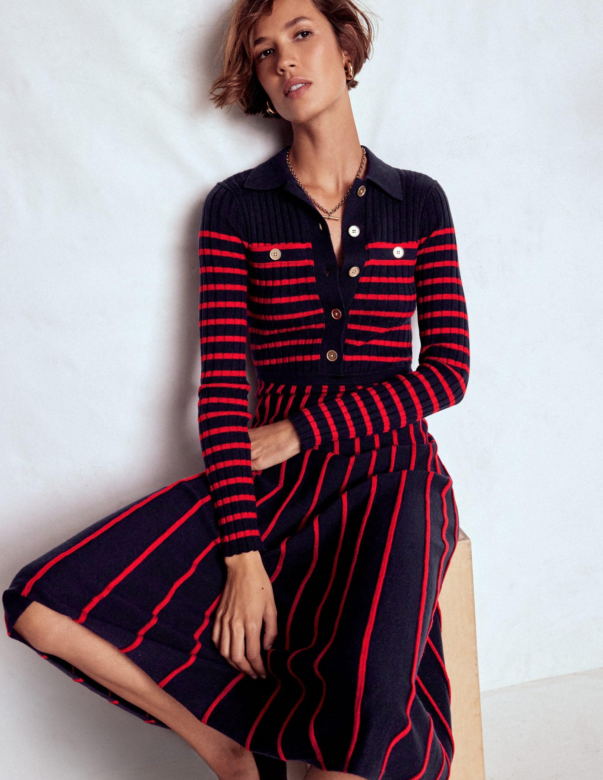 boden navy and red dress Lily Long Sleeve Midi Dress-Navy