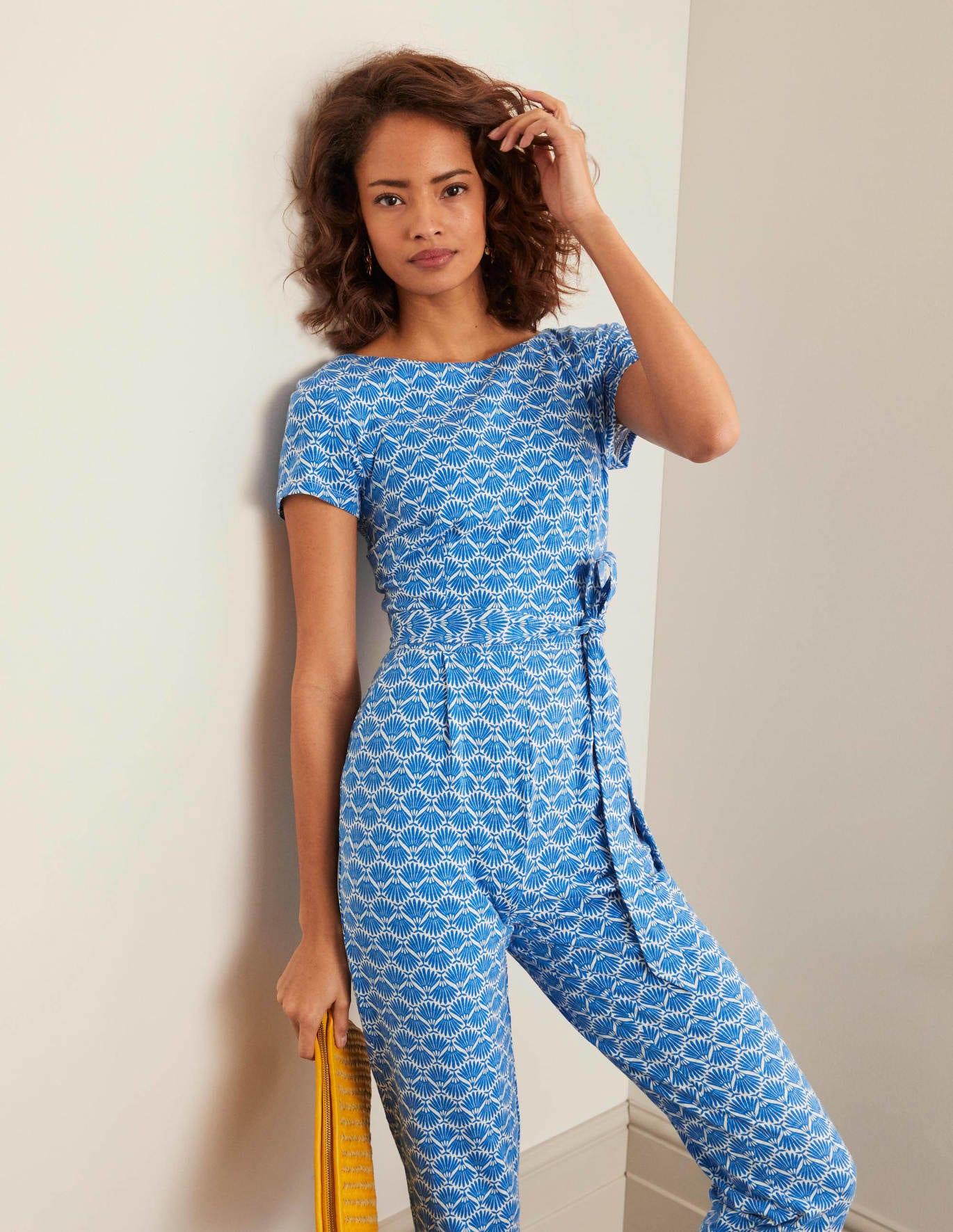 Boden Cotton Tia Scoop Back Jersey Jumpsuit Bold Blue, Deco Palm - Lyst