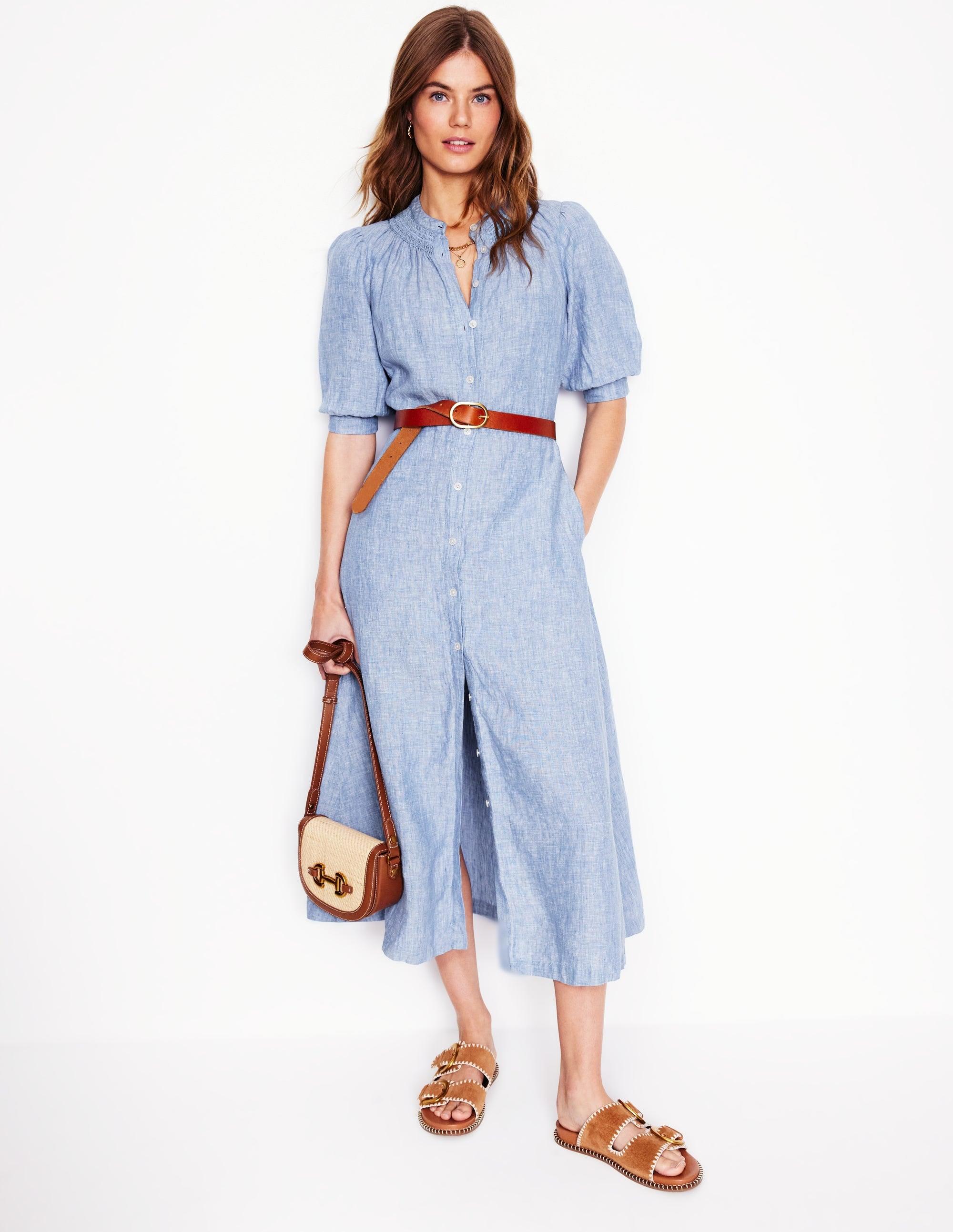 Boden Ada Linen Midi Dress in Blue | Lyst UK