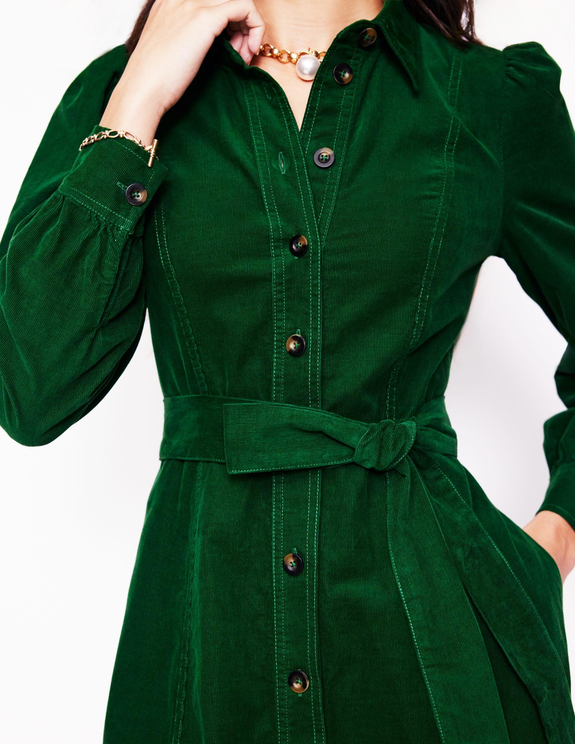 green emerald velvet dress Boden Cecily Belted Long Sleeve Cotton Corduroy Midi Dress in Woodland Green at Nordstrom, Size 2 main image 0