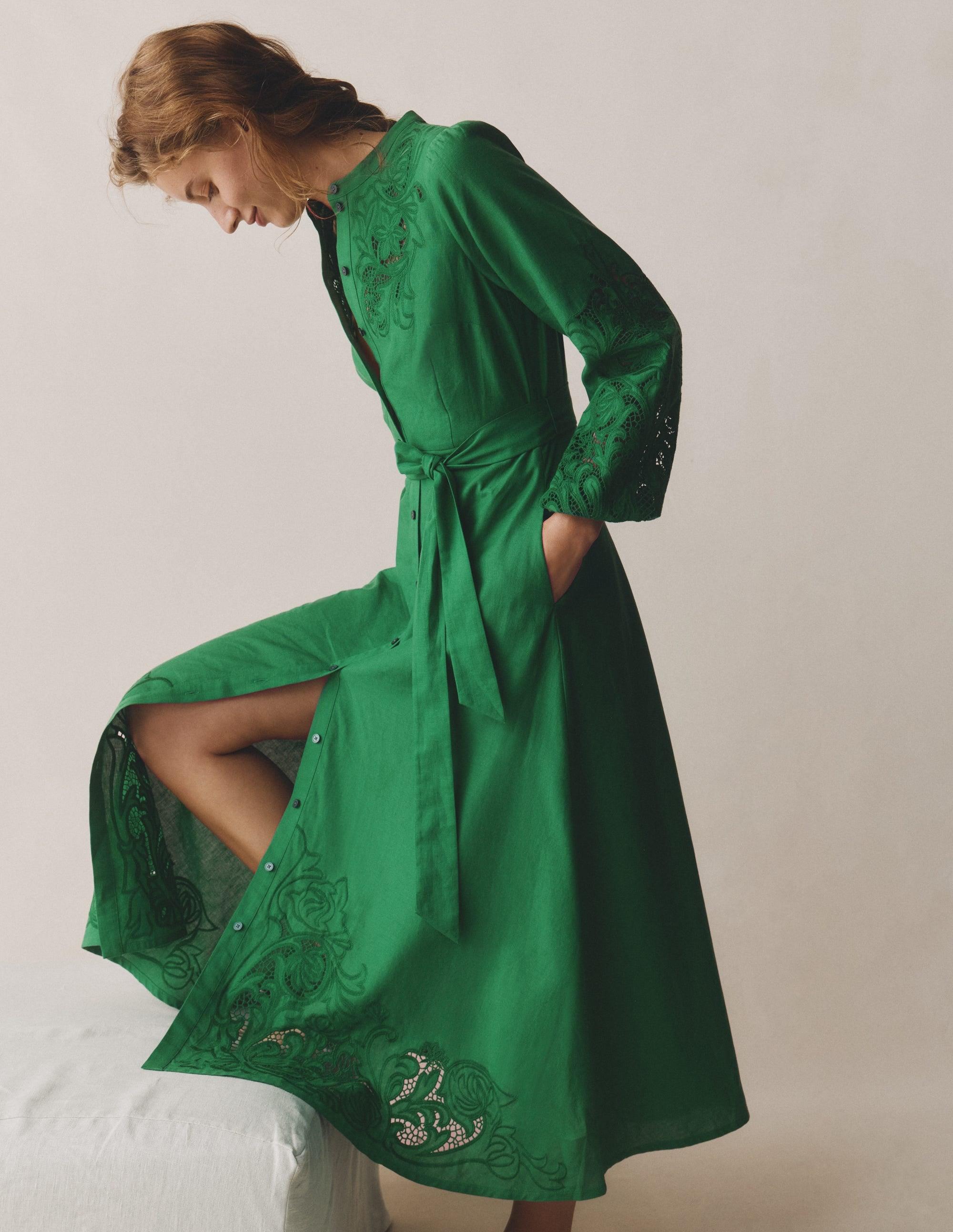 slim fit dress slacks Sofia Embroidered Linen Top-Woodland Green