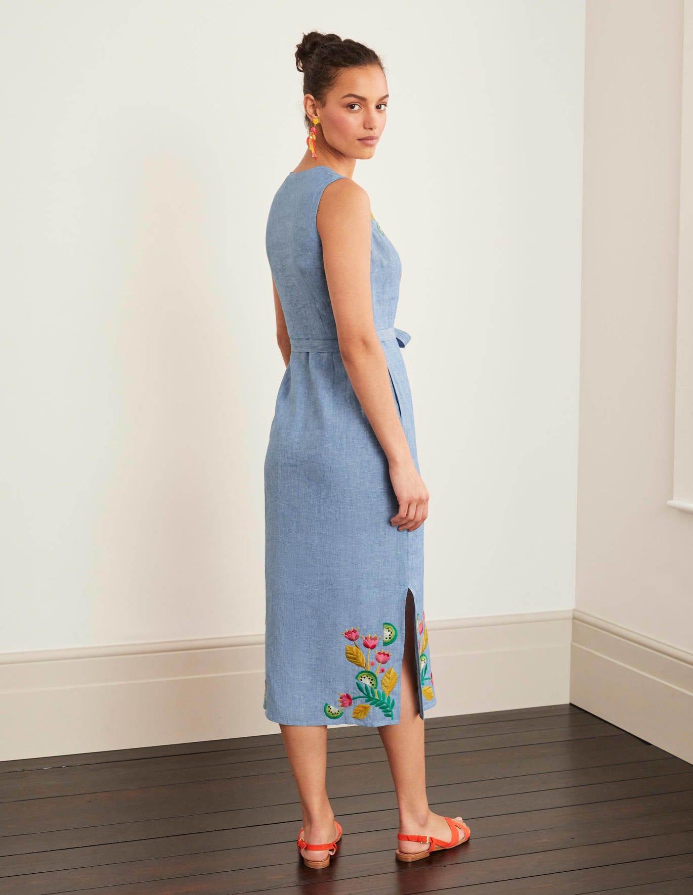 Boden Linen Cora Embroidered Midi Dress Chambray in Blue Lyst