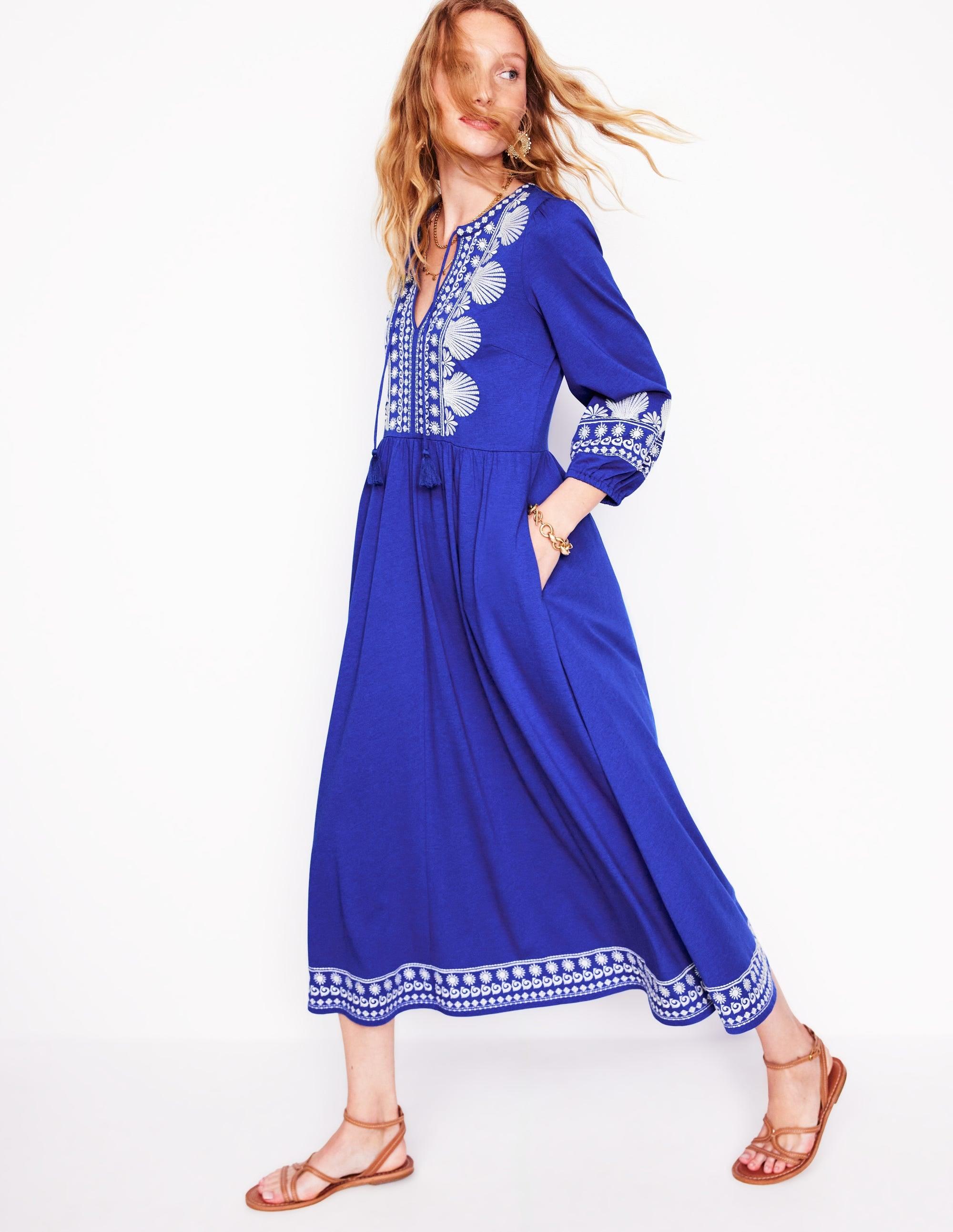 Boden Embroidered Notch Neck Dress-Bright, Ivory in Blue | Lyst UK