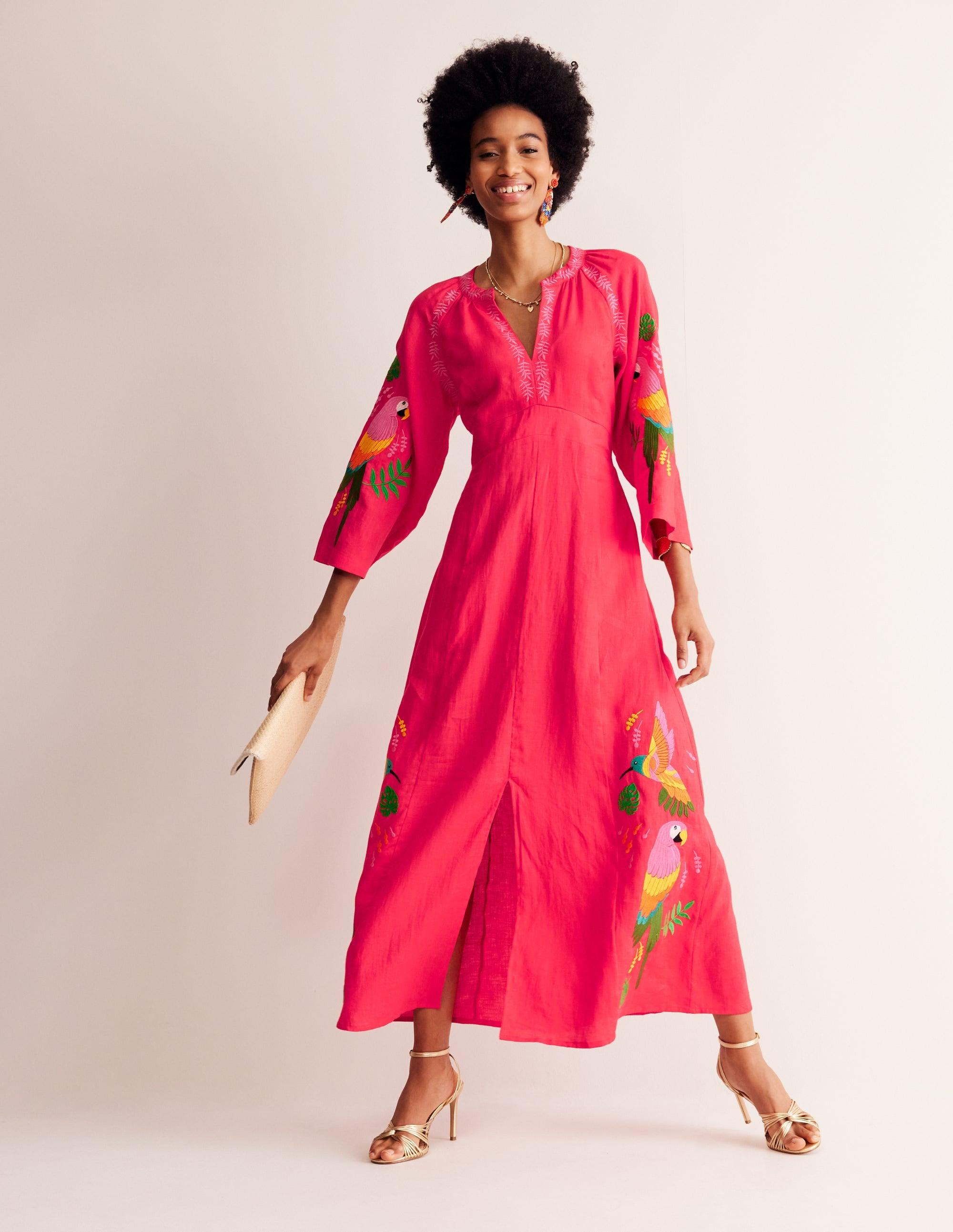 green emerald velvet dress Ava Linen Blend Midi Dress-Multi Embroidery