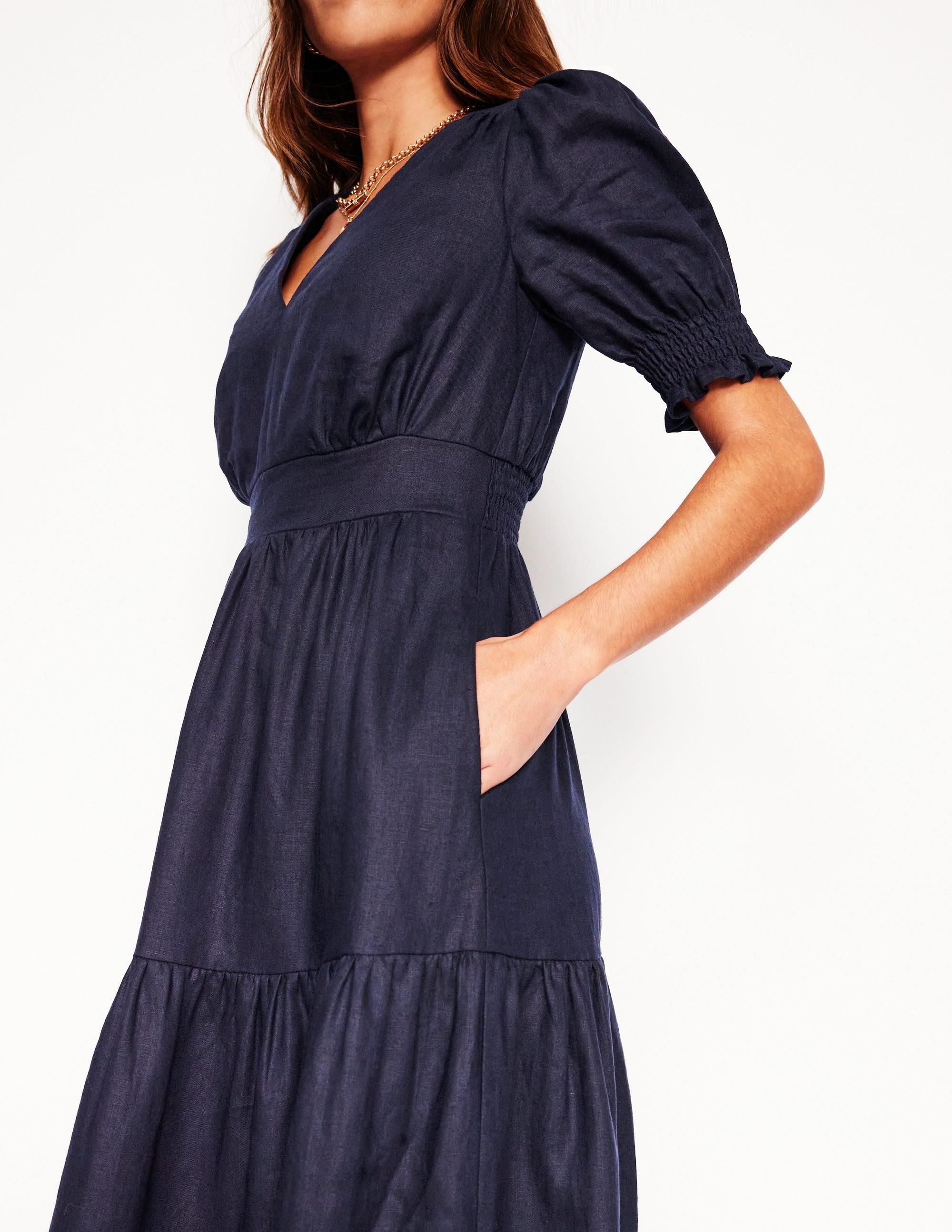 Boden Anna Linen Tiered Midi Dress in Blue | Lyst