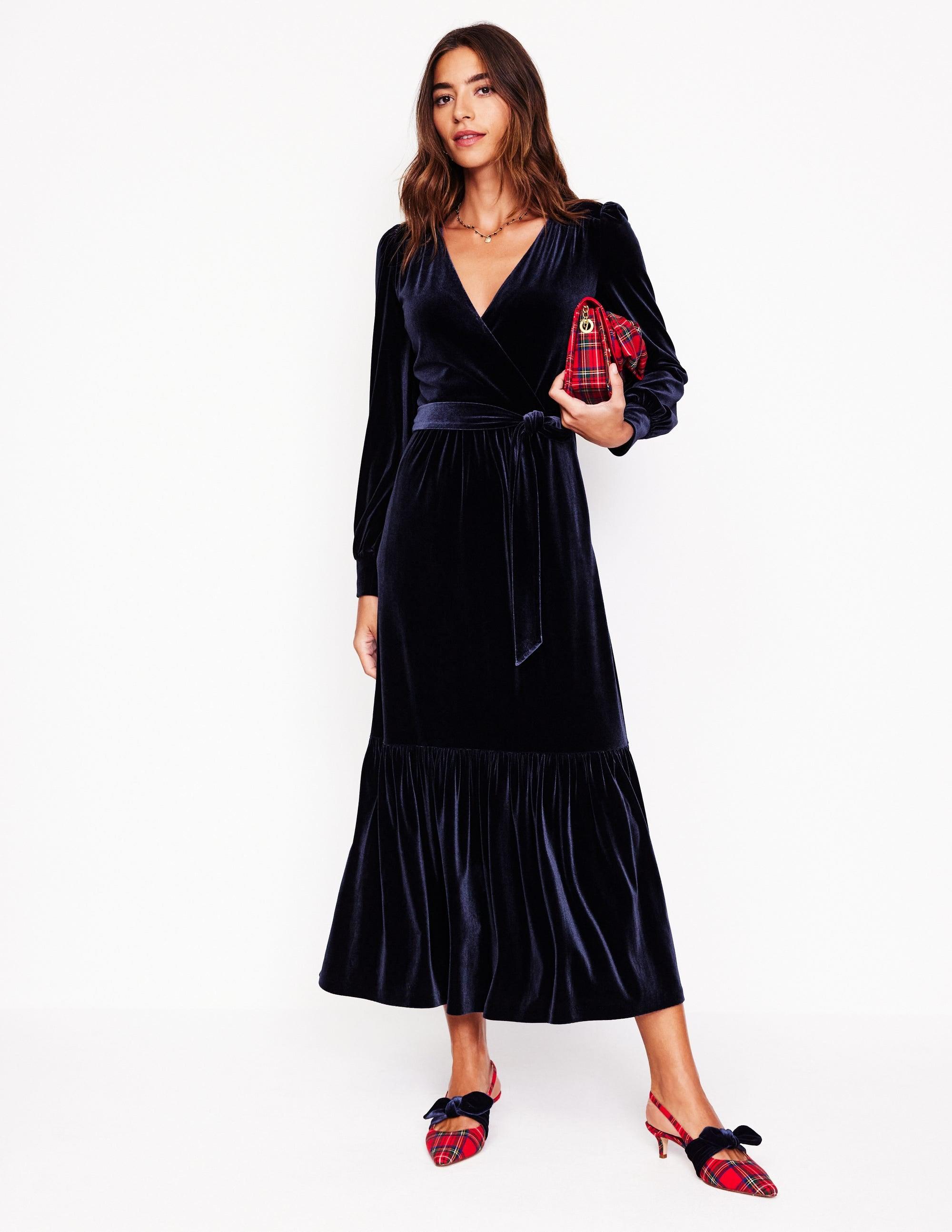 Boden Ophelia Velvet Midi Wrap Dress in Blue | Lyst