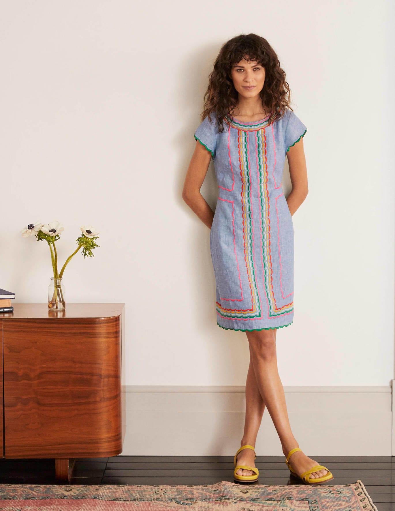 Boden Laura Linen Embroidered Dress Light Chambray in Blue Lyst