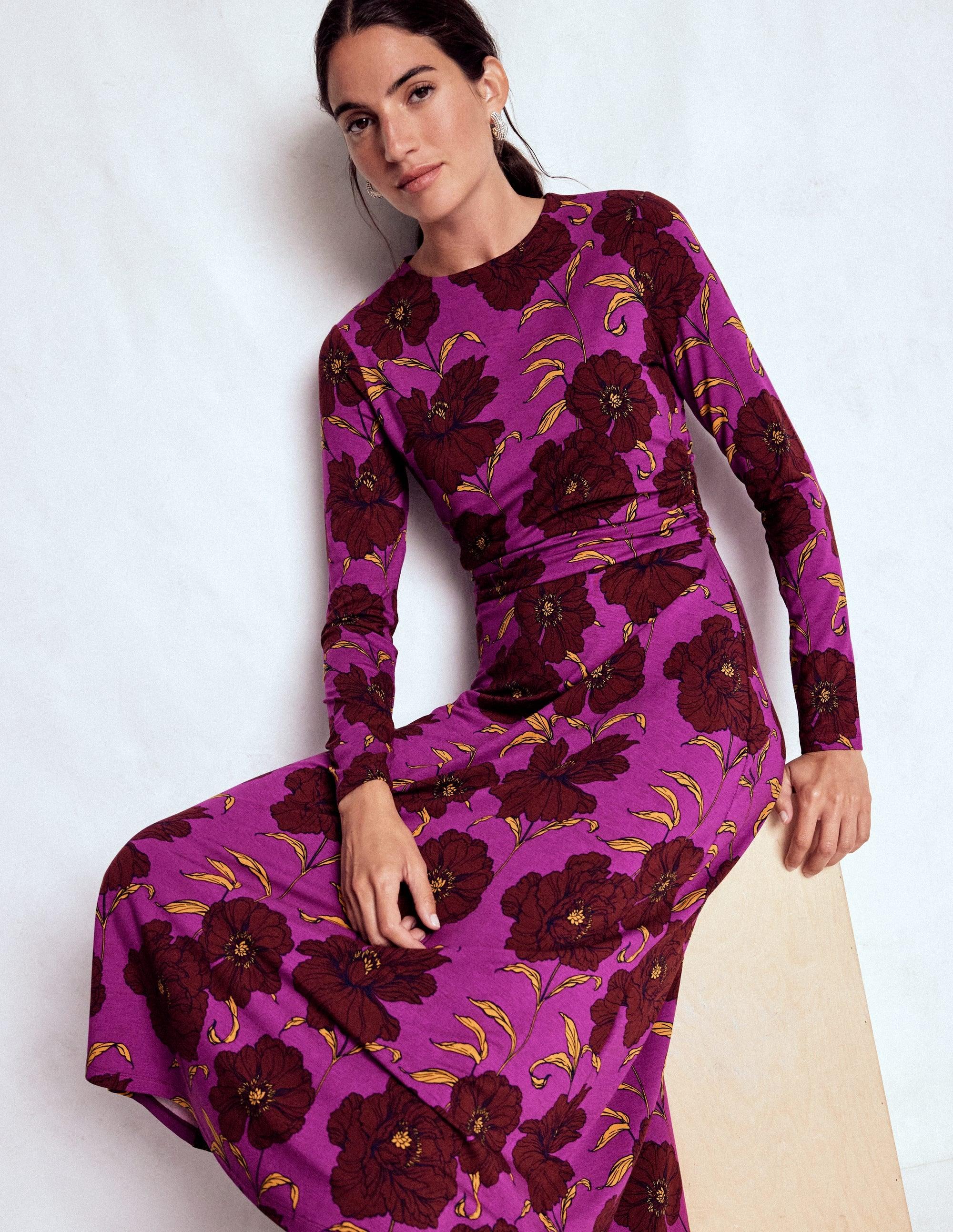 Boden Ruched Jersey Midi Dress-Regal, Peony Bloom in Purple | Lyst