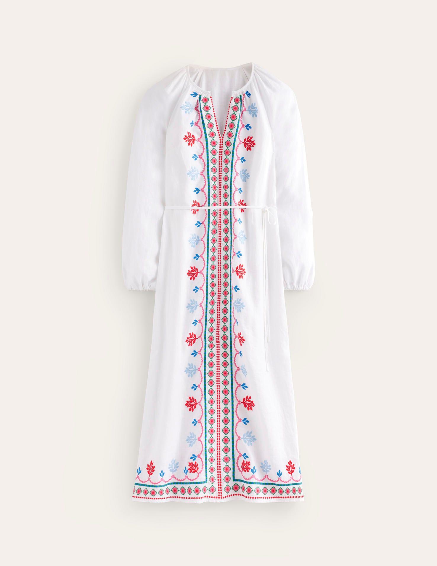 Boden Embroidered Belted Linen Dress White, Multi in Pink | Lyst UK