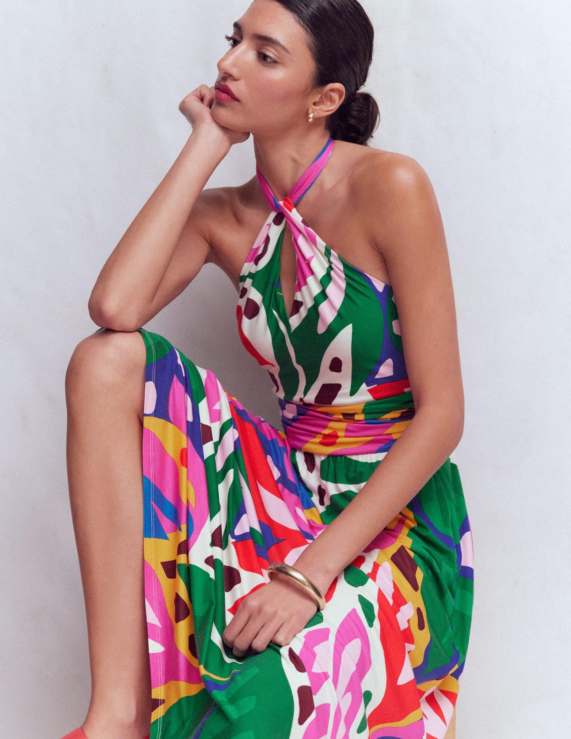 boden silk dress Boden Silk Blend Dress Split Neck Modern Colorful Size 6 Beaded Neckline