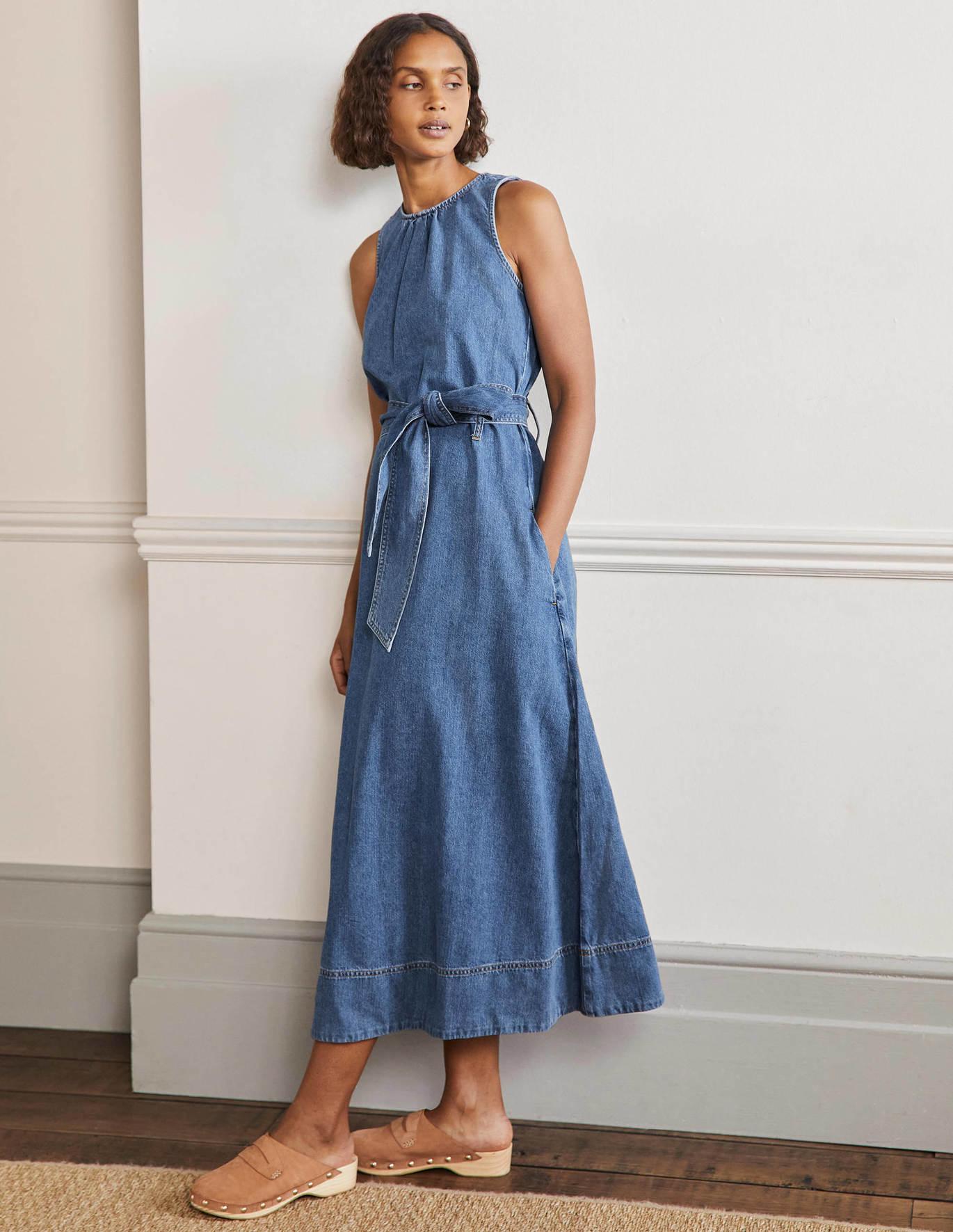 Boden Sleeveless Belted Midi Dress Mid Vintage in Blue | Lyst