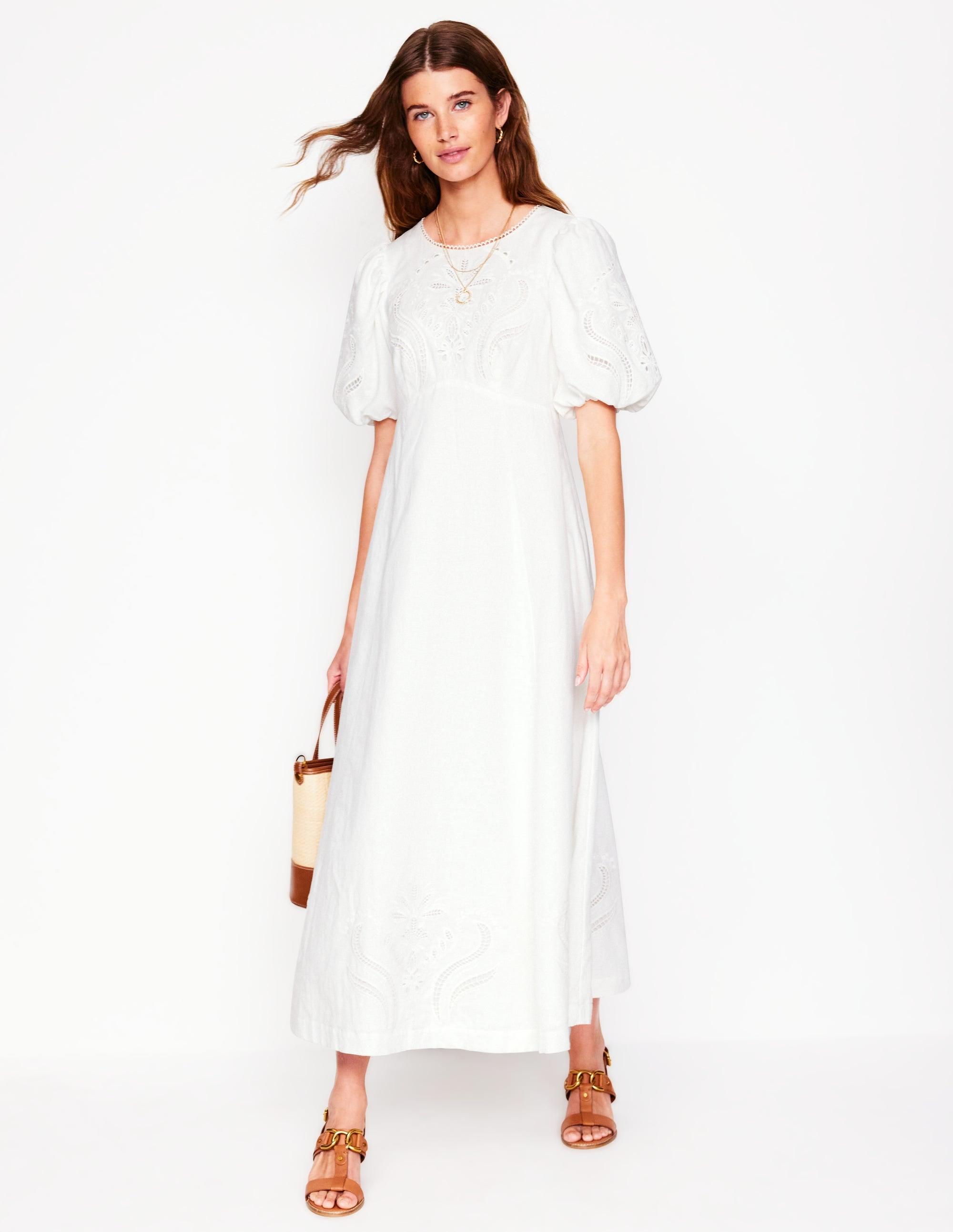 boden empire midi tea dress Boden Empire Broderie Tea Dress in White