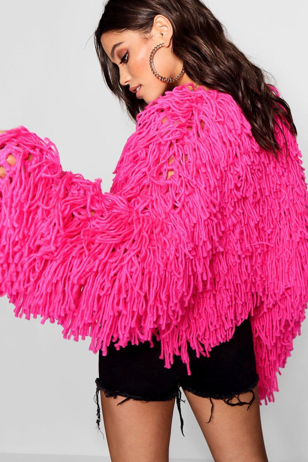 Boohoo Synthetic Cropped Shaggy Knit Cardigan in Fuchsia (Pink) - Lyst