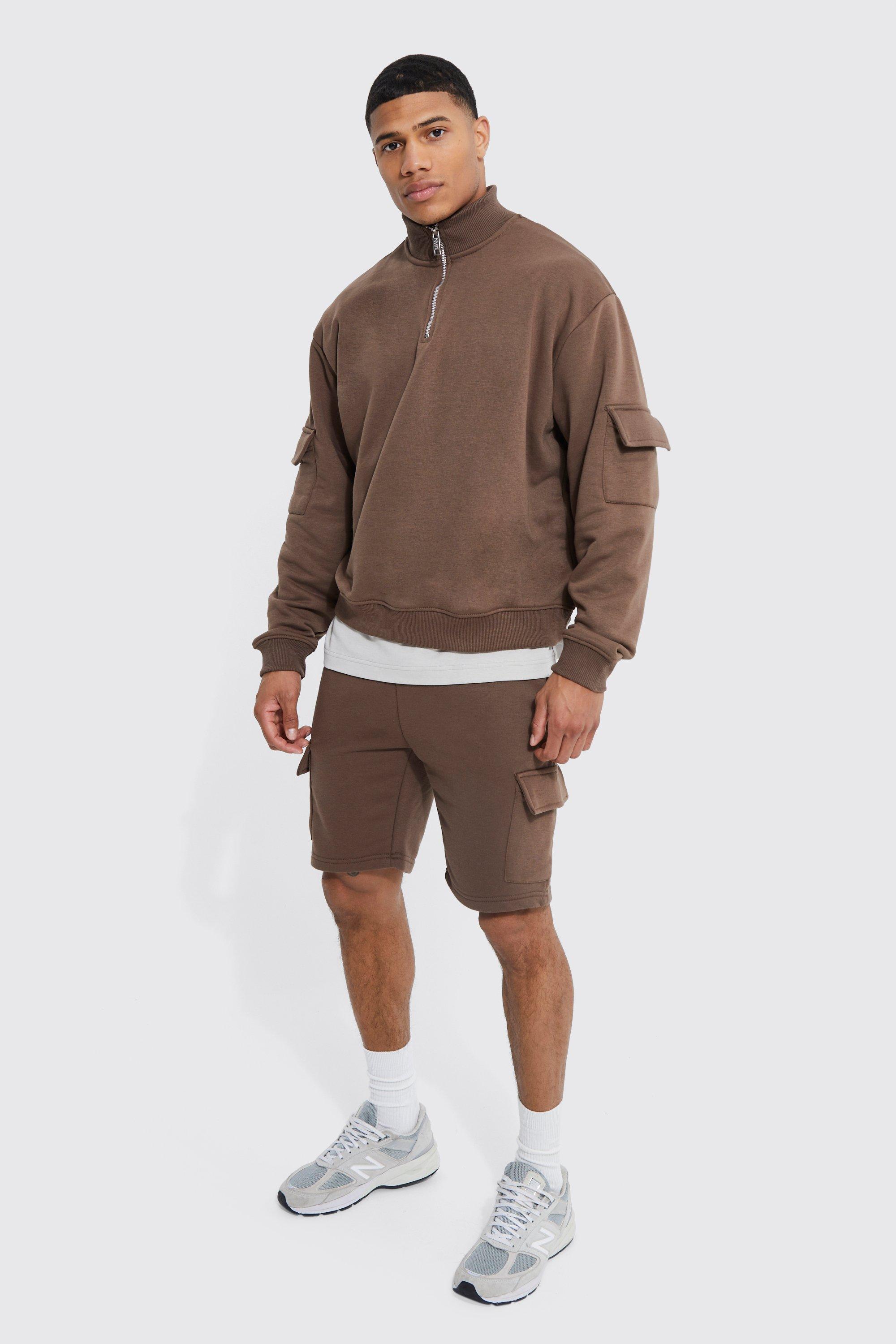 BoohooMAN Oversized Boxy Cargo Zip Funnel Short Tracksuit in Brown for ...