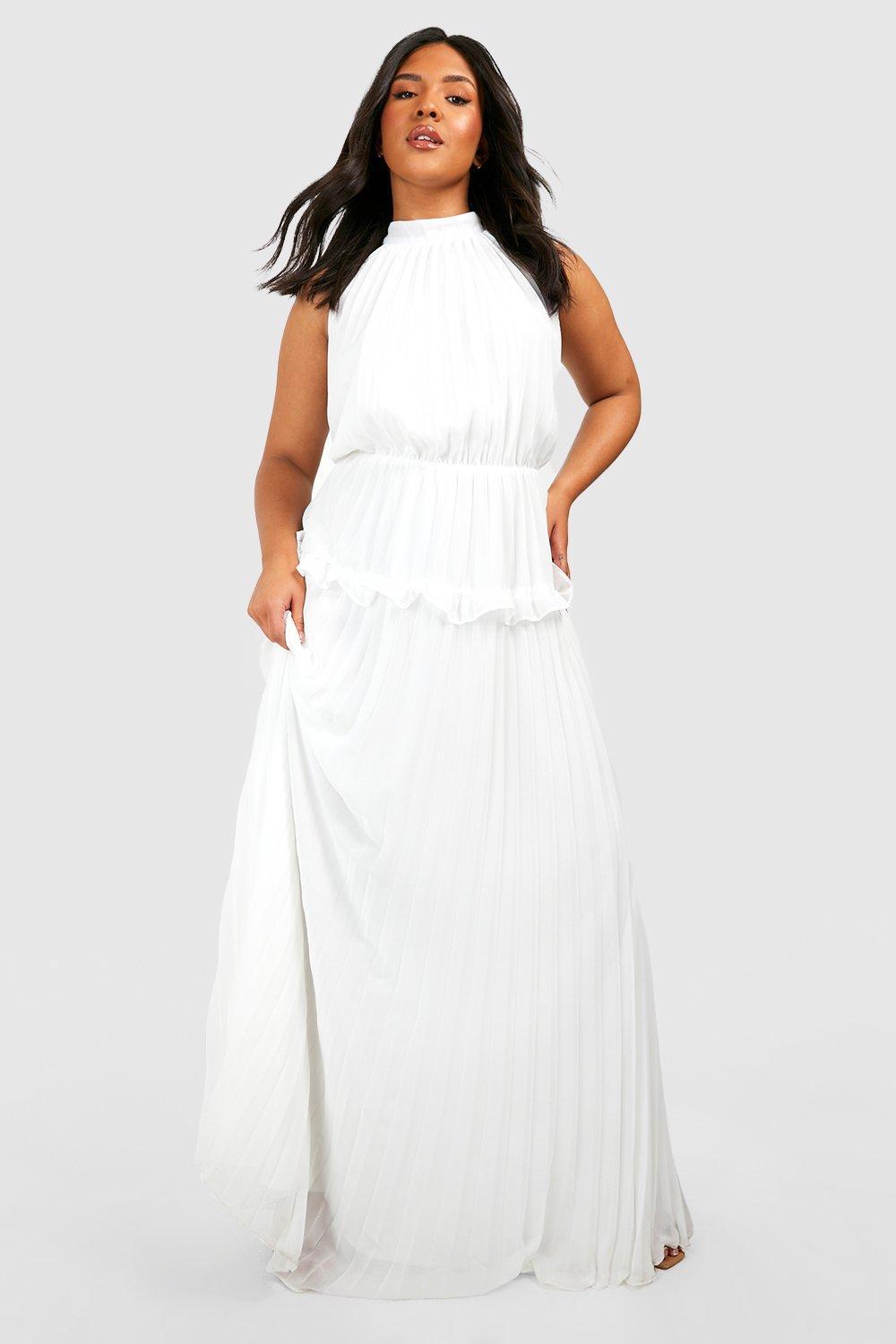 Boohoo Plus Halter Pleated Frill Maxi Dress in White | Lyst