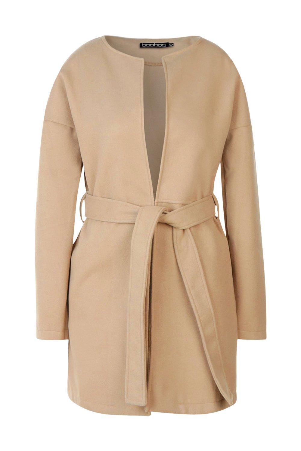Boohoo Womens Collarless Belted Wool Look Coat in Camel ...