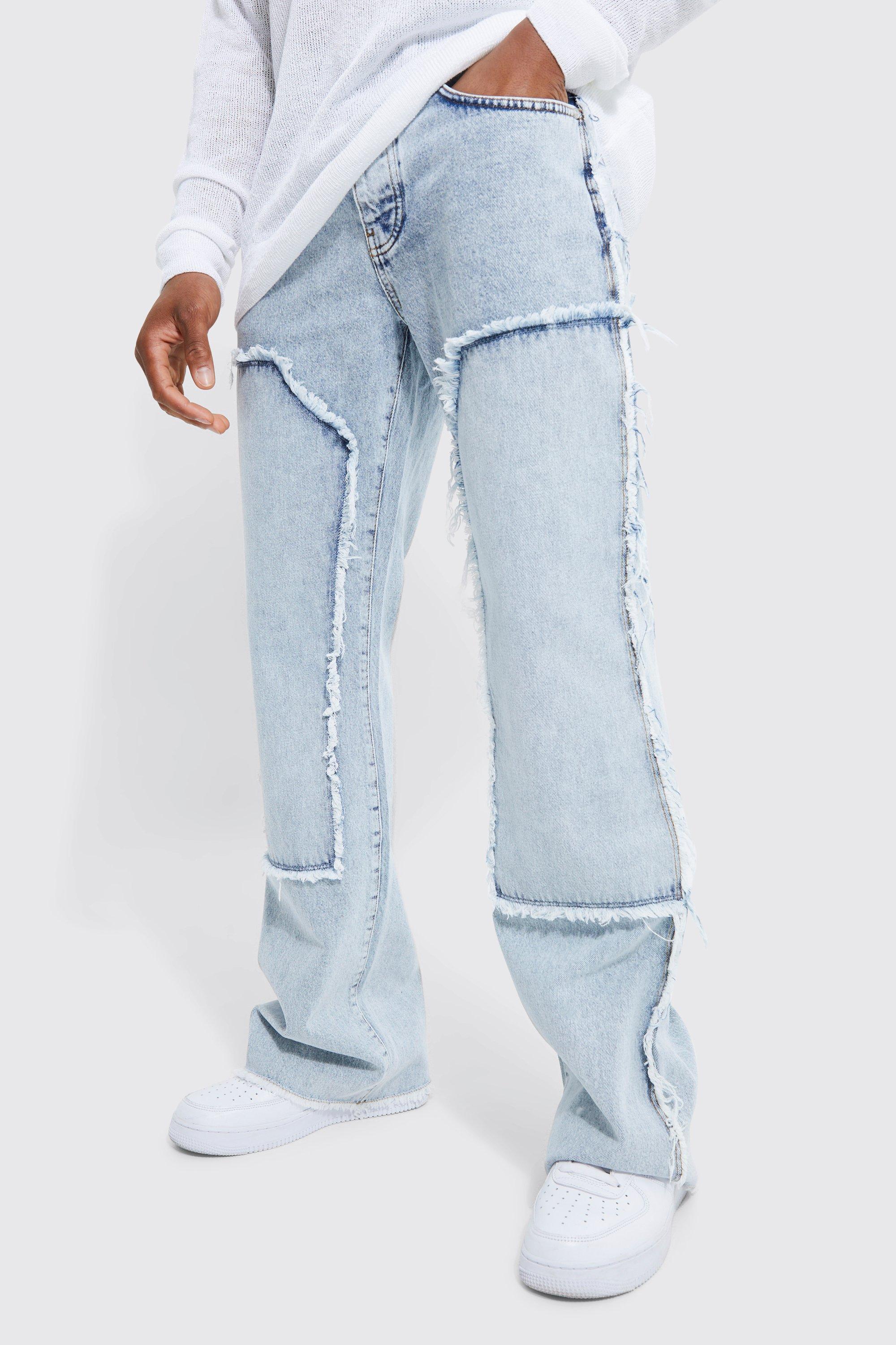 BoohooMAN Baggy Rigid Flare Jeans With Frayed Worker Panel in Blue for