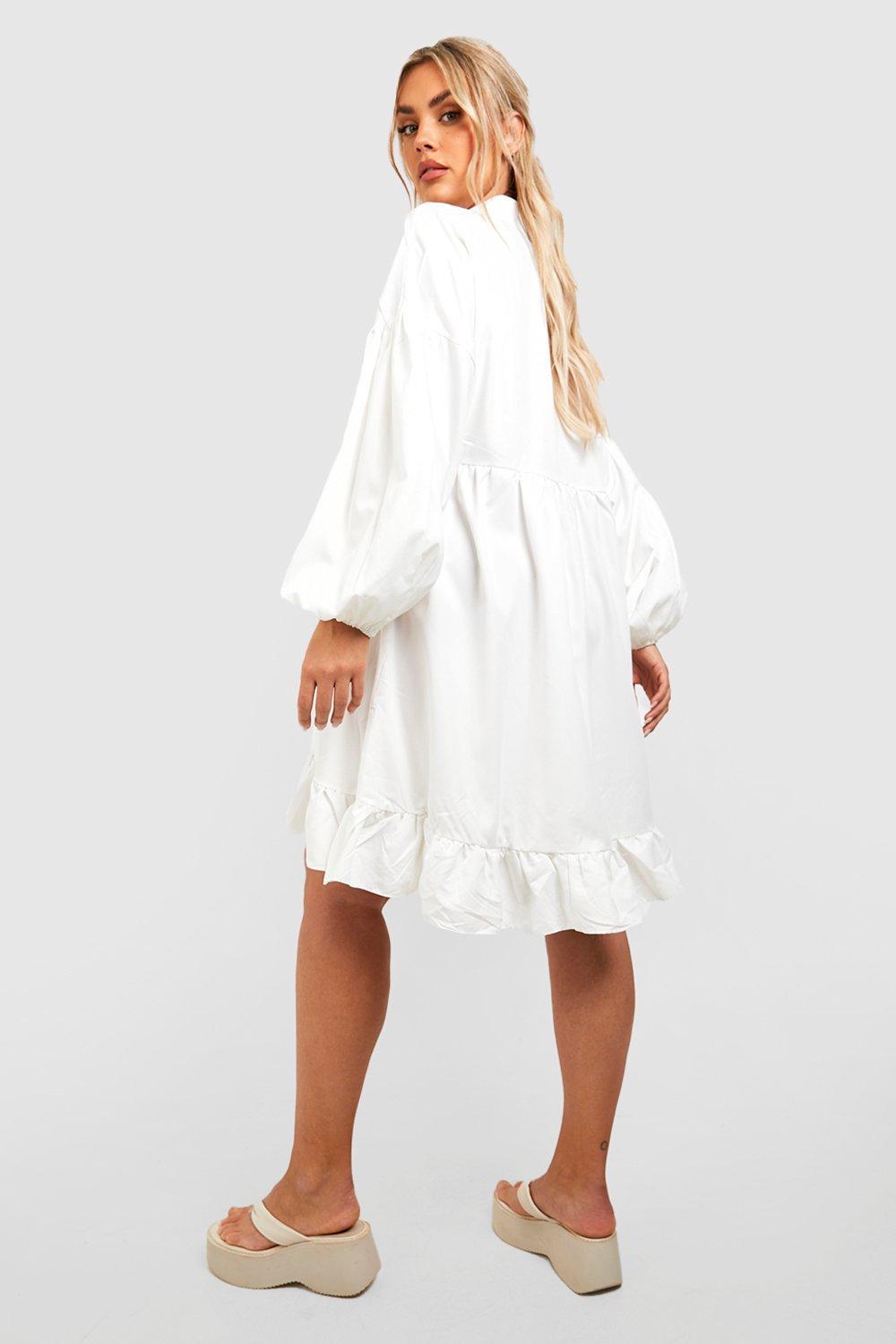 Boohoo Plus Woven Frill Hem Shirt Dress in White | Lyst