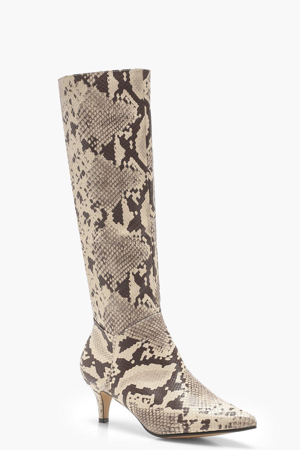 Boohoo Snake Low Heel Knee Boots in 