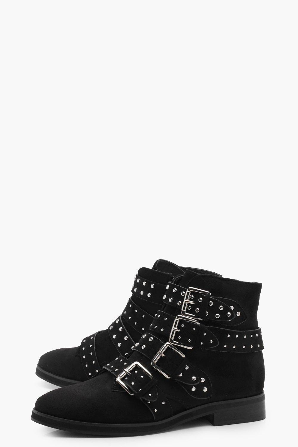 black studded strap ankle boots
