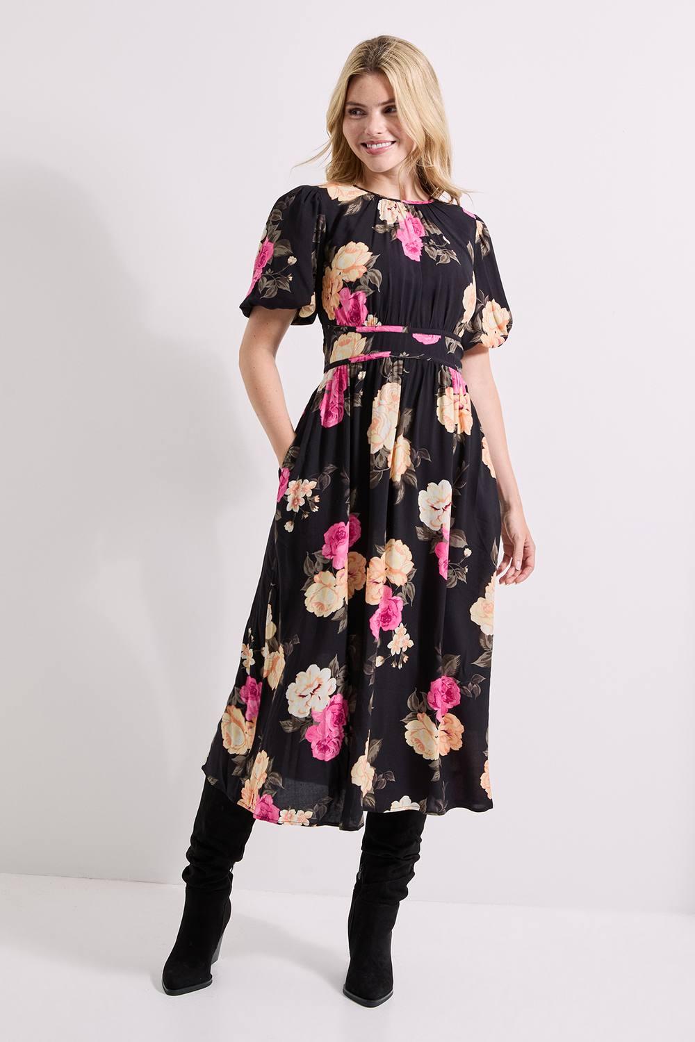 Dorothy Perkins Floral Dropped Waist Puff Sleeve Midi Dress in Black | Lyst