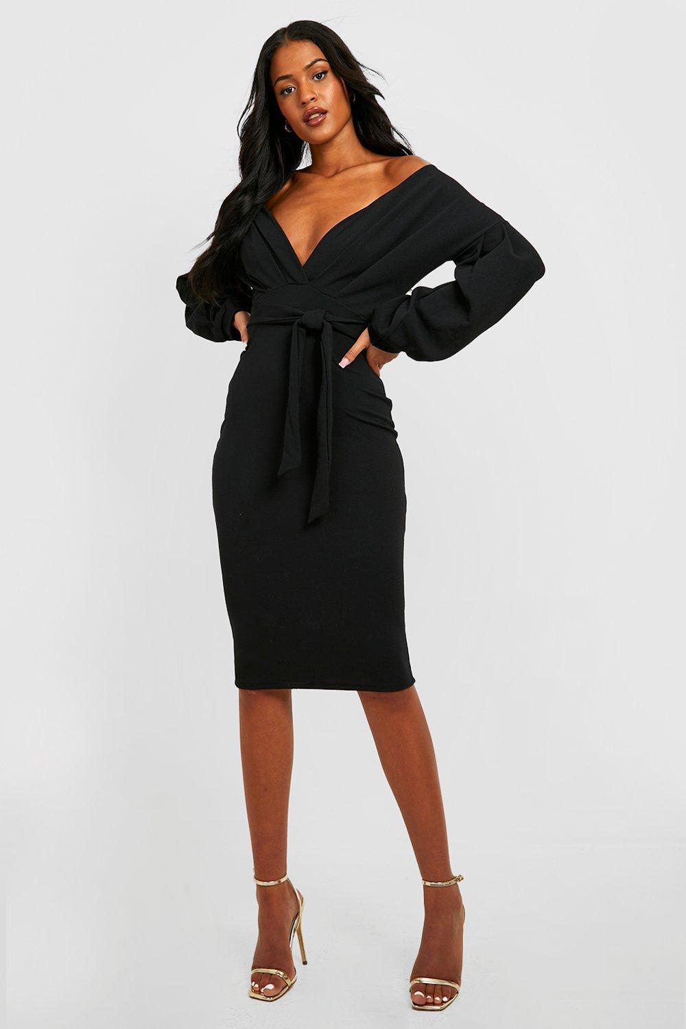 Boohoo Tall Off The Shoulder Wrap Midi Bodycon Dress in Black | Lyst UK