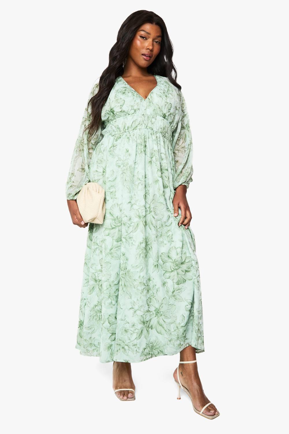 boohoo green floral dress Green Plus Floral Satin Wrap Dress