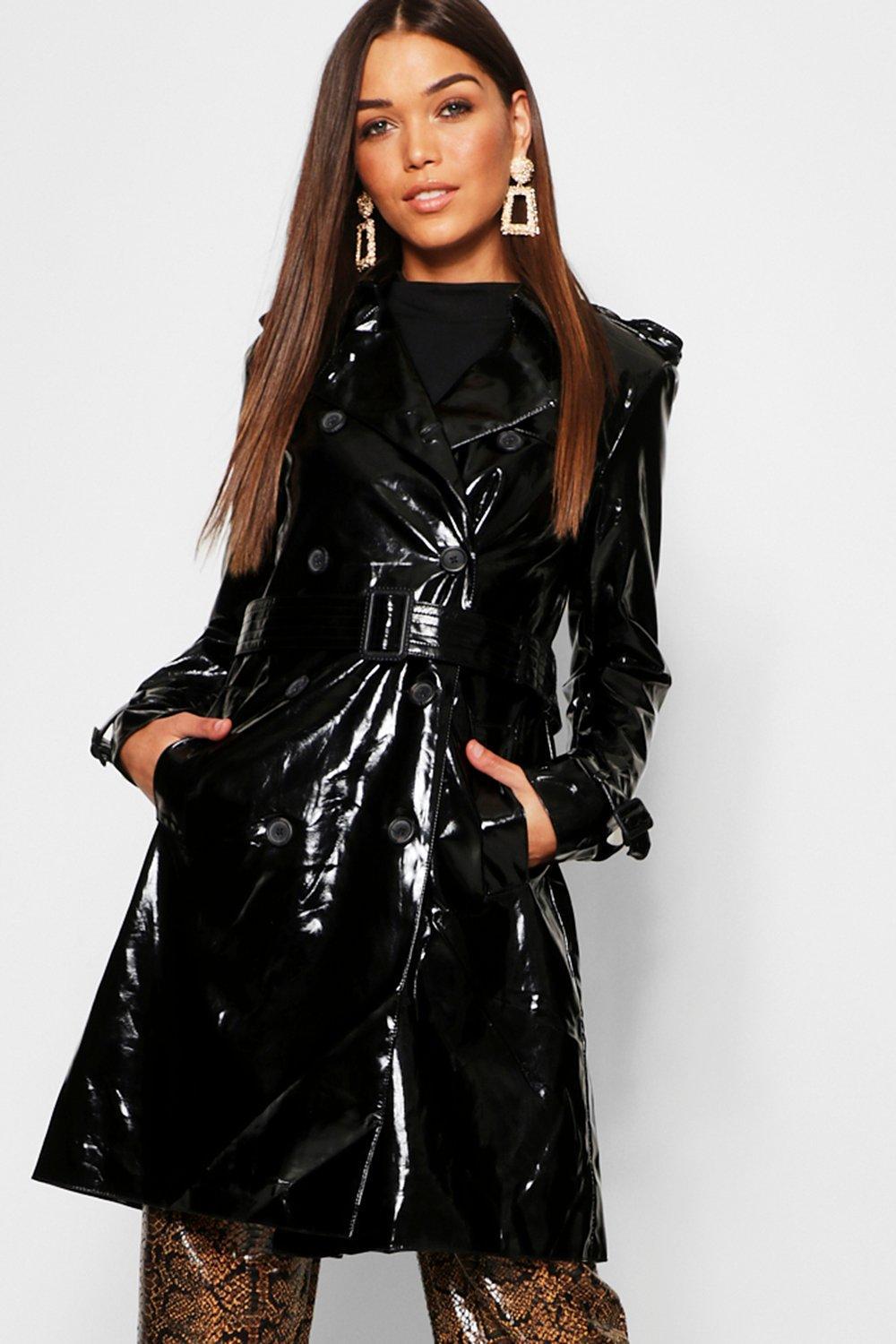 Boohoo Pvc Belted Trench Coat in Black | Lyst