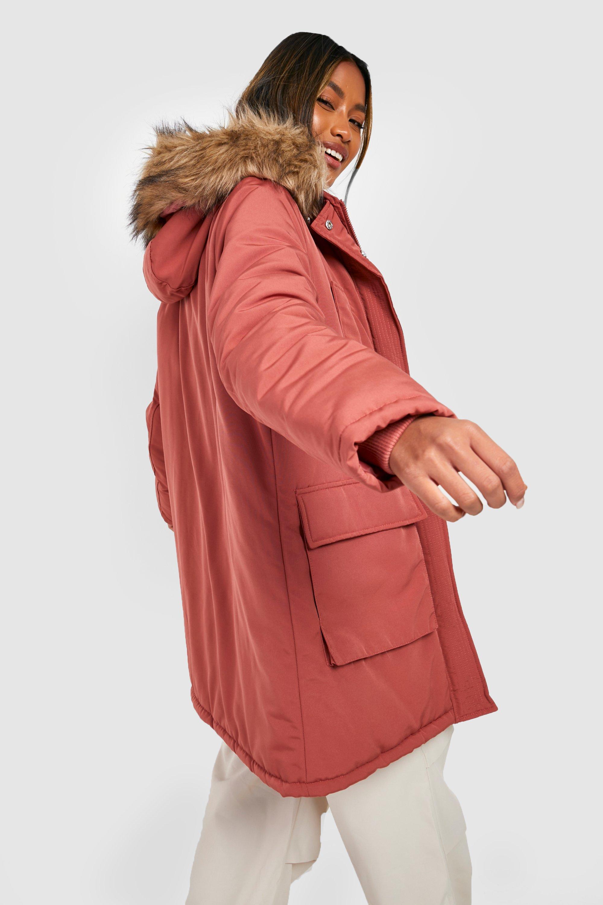 Boohoo Faux Fur Trim Parka Coat in Pink 
