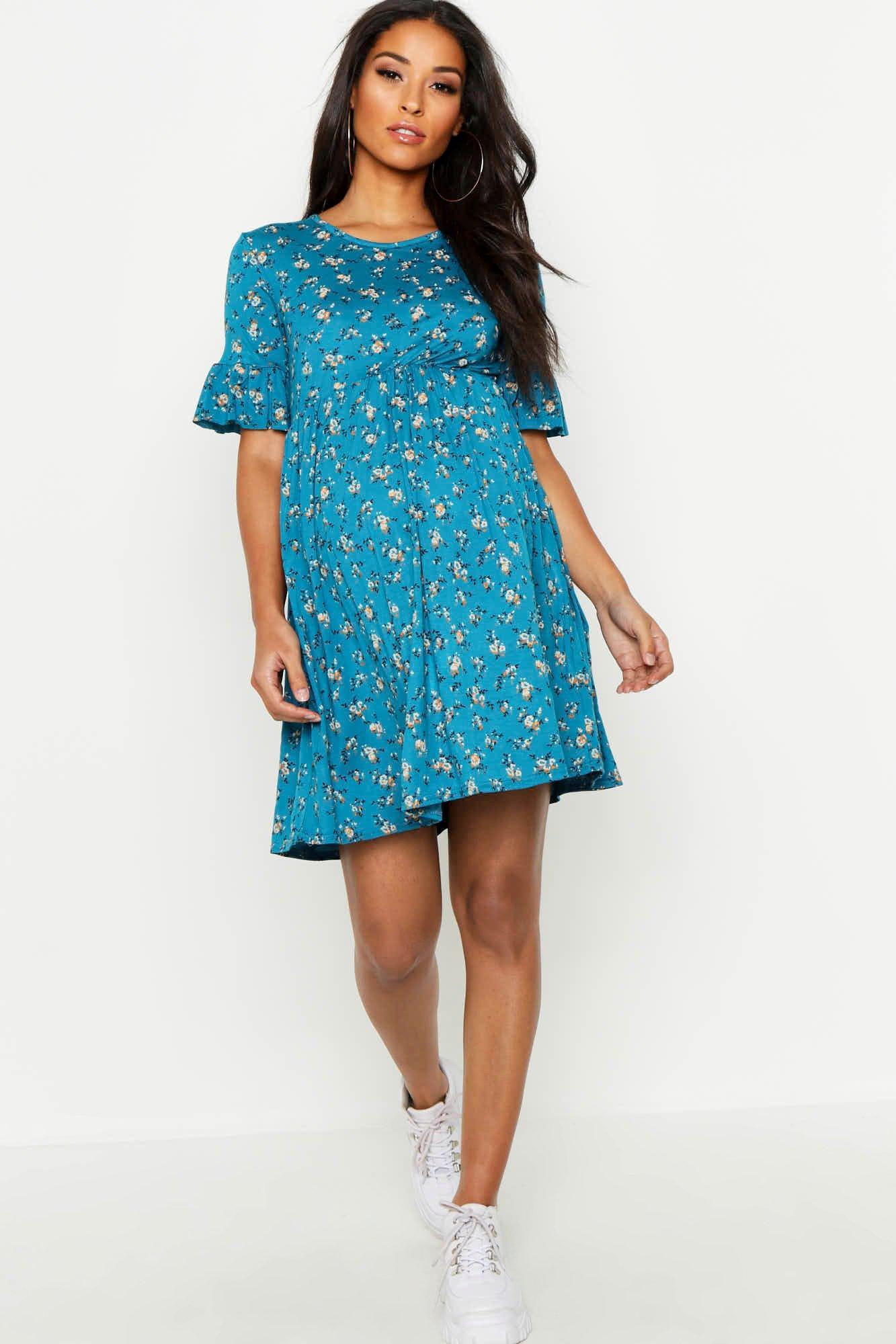 Boohoo Maternity Floral Frill Sleeve Smock Dress in Teal (Green) - Save 42% - Lyst