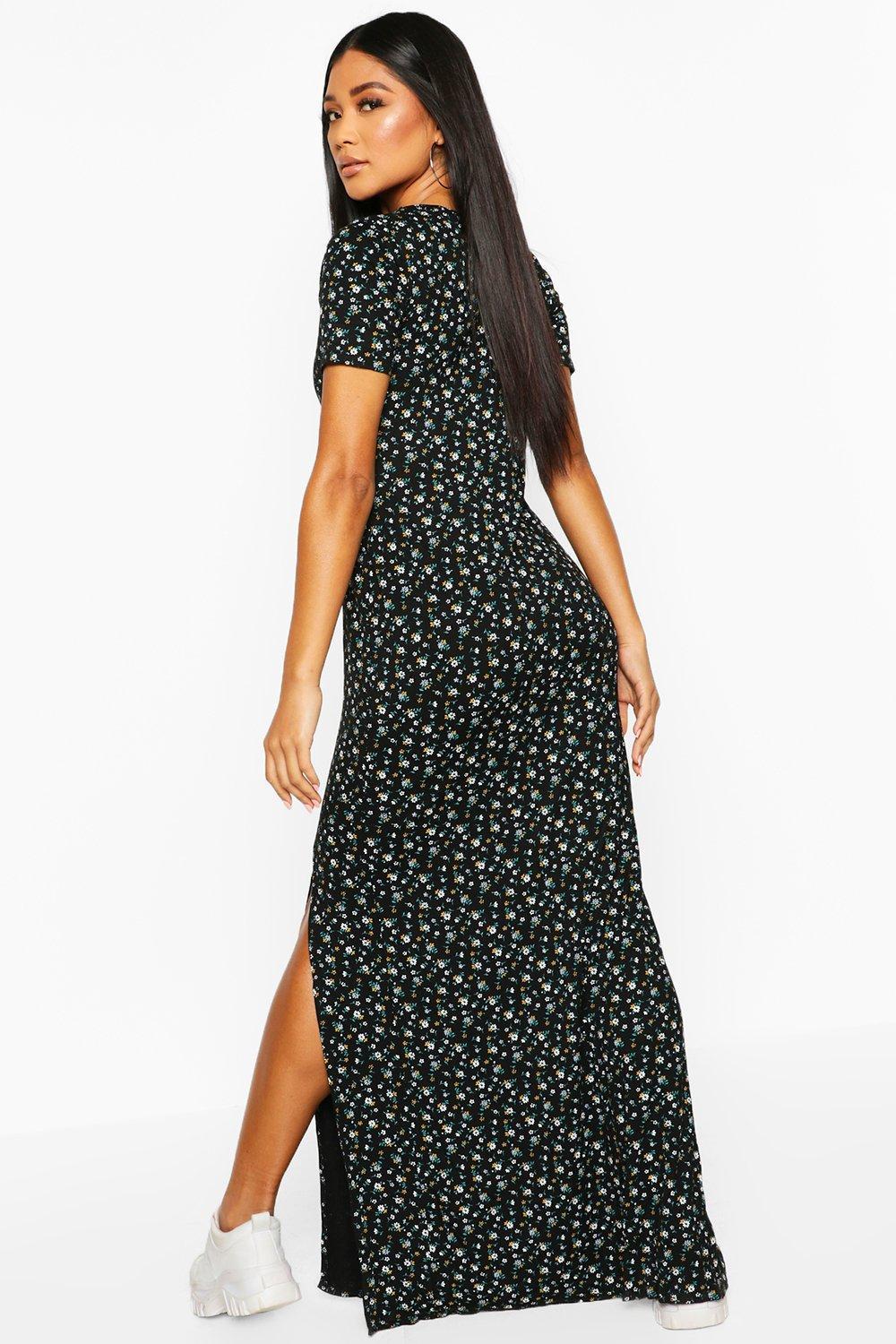 Black ditsy floral split detail maxi dress Clearance
