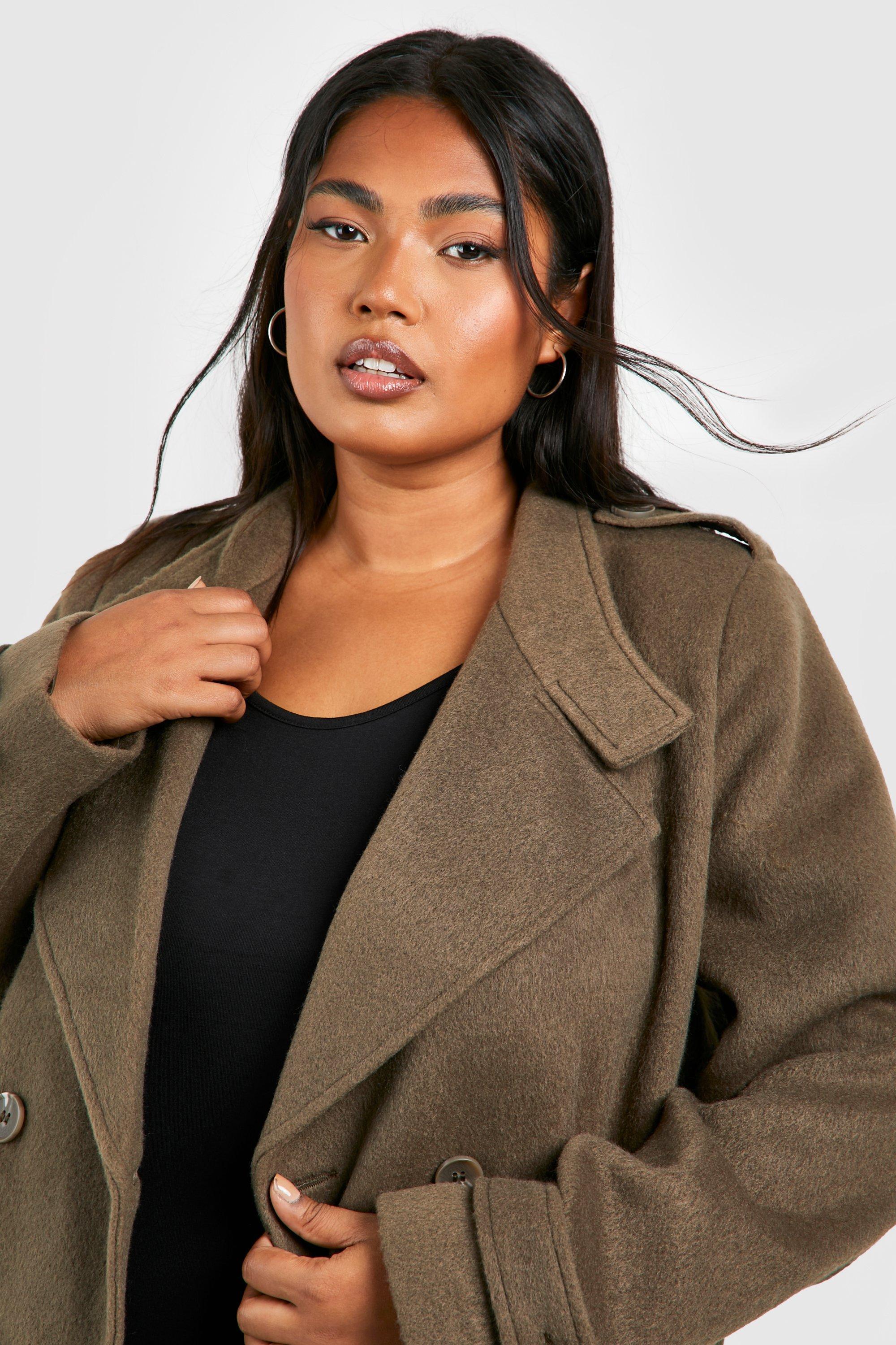 Boohoo Plus Double Breasted Wool Maxi Coat in Green | Lyst UK