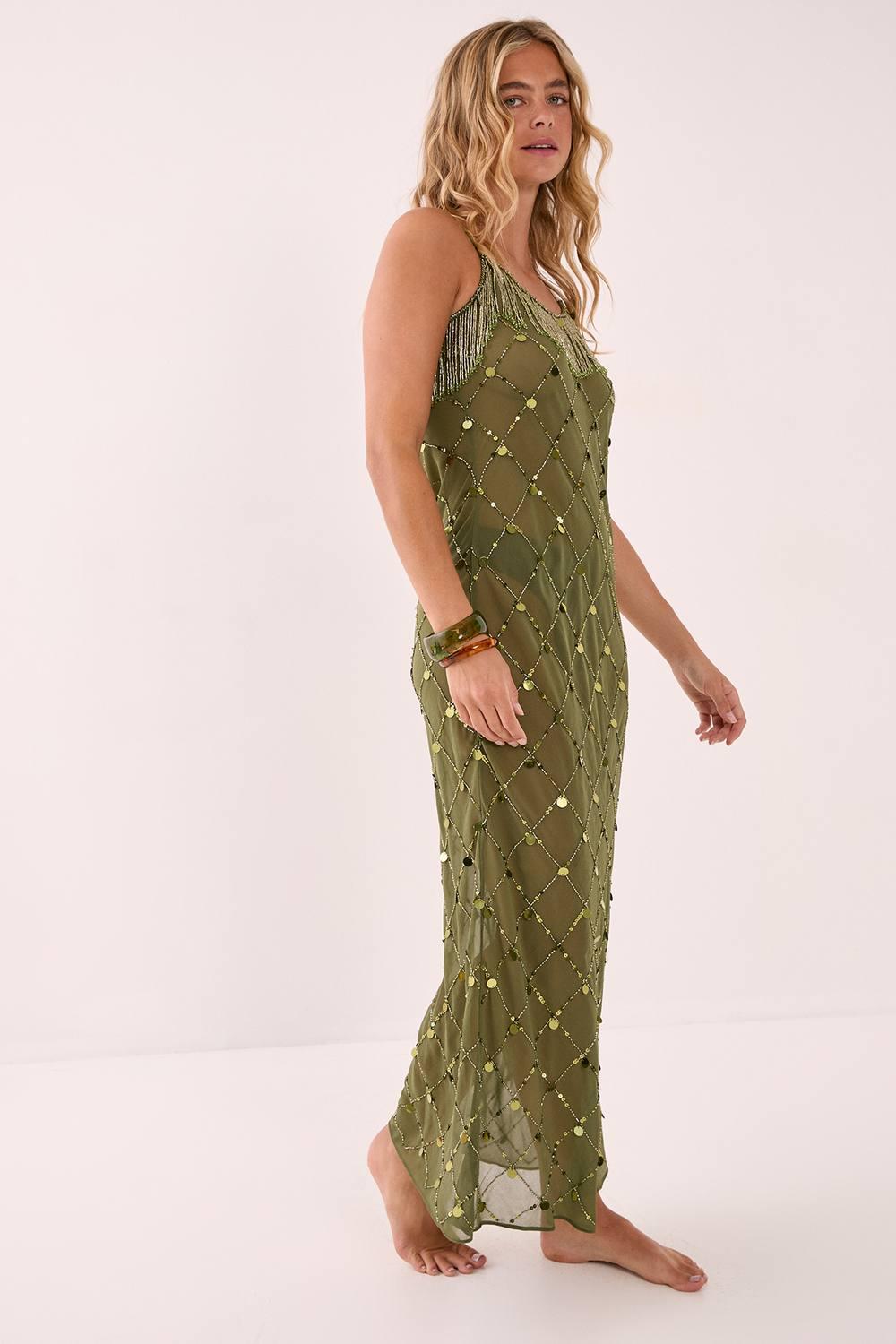 nasty gal green maxi dress Coin And Tassel Embellished in sleeveless party dress