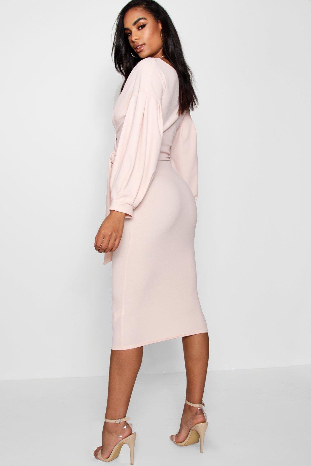 tall off the shoulder wrap midi bodycon dress