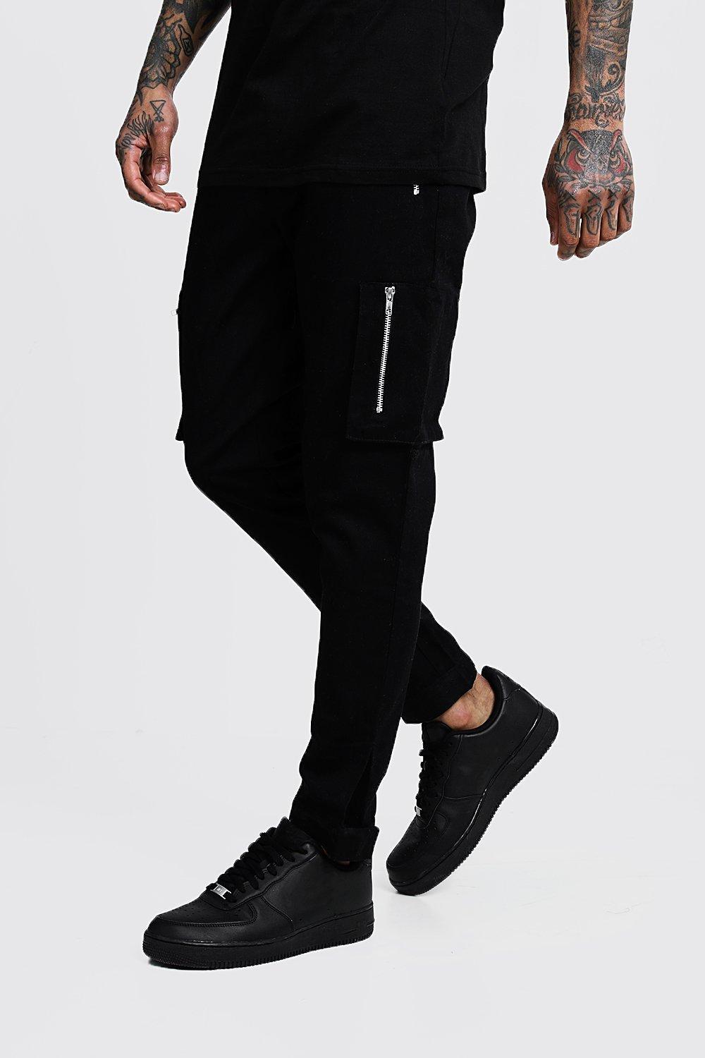 Boohoo Slim Fit Cargo Pants With Velcro Cuff in Black for Men - Lyst
