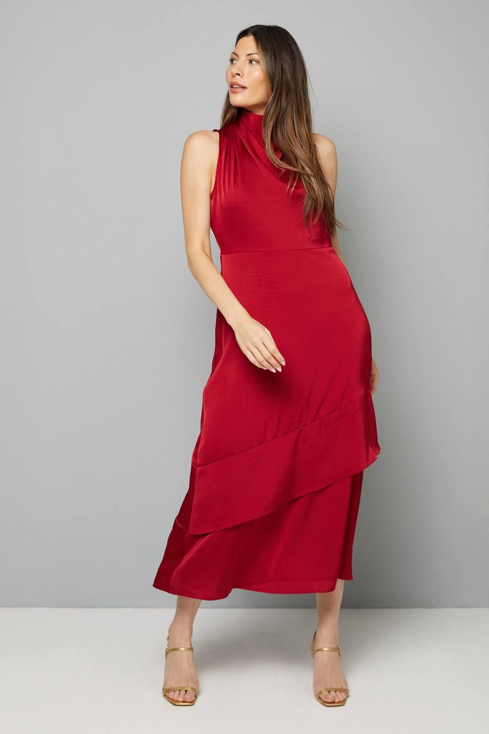 Wallis Satin Asymmetric Pleat Detail Midi Dress in Red