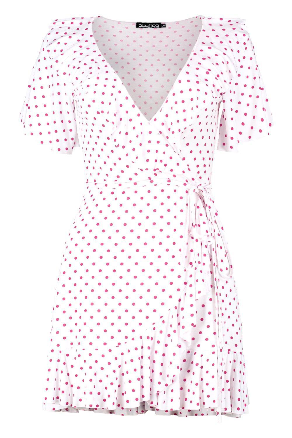 petite polka dot ruffle wrap tea dress