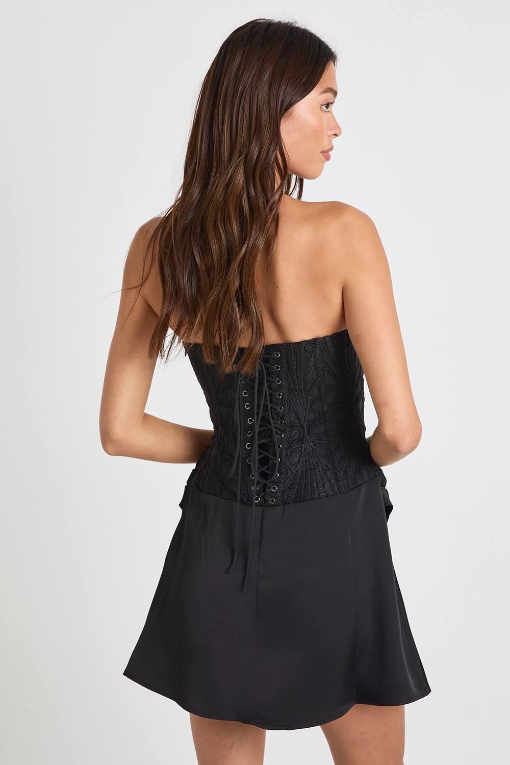Boohoo Textured Sheer Floral Lace Corset Drape Mini Dress in Black | Lyst