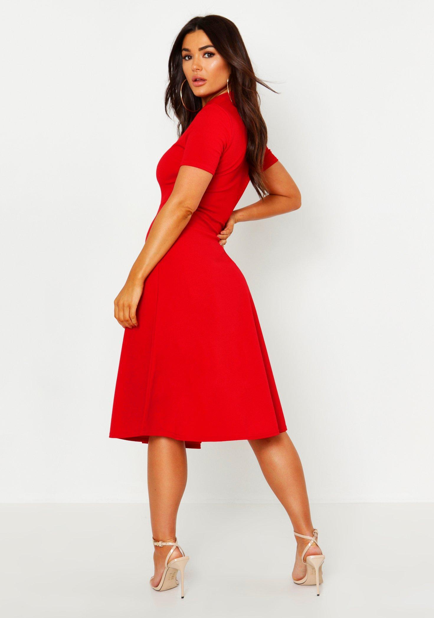 Boohoo Womens High Neck Button Detail Skater Dress in Red - Lyst