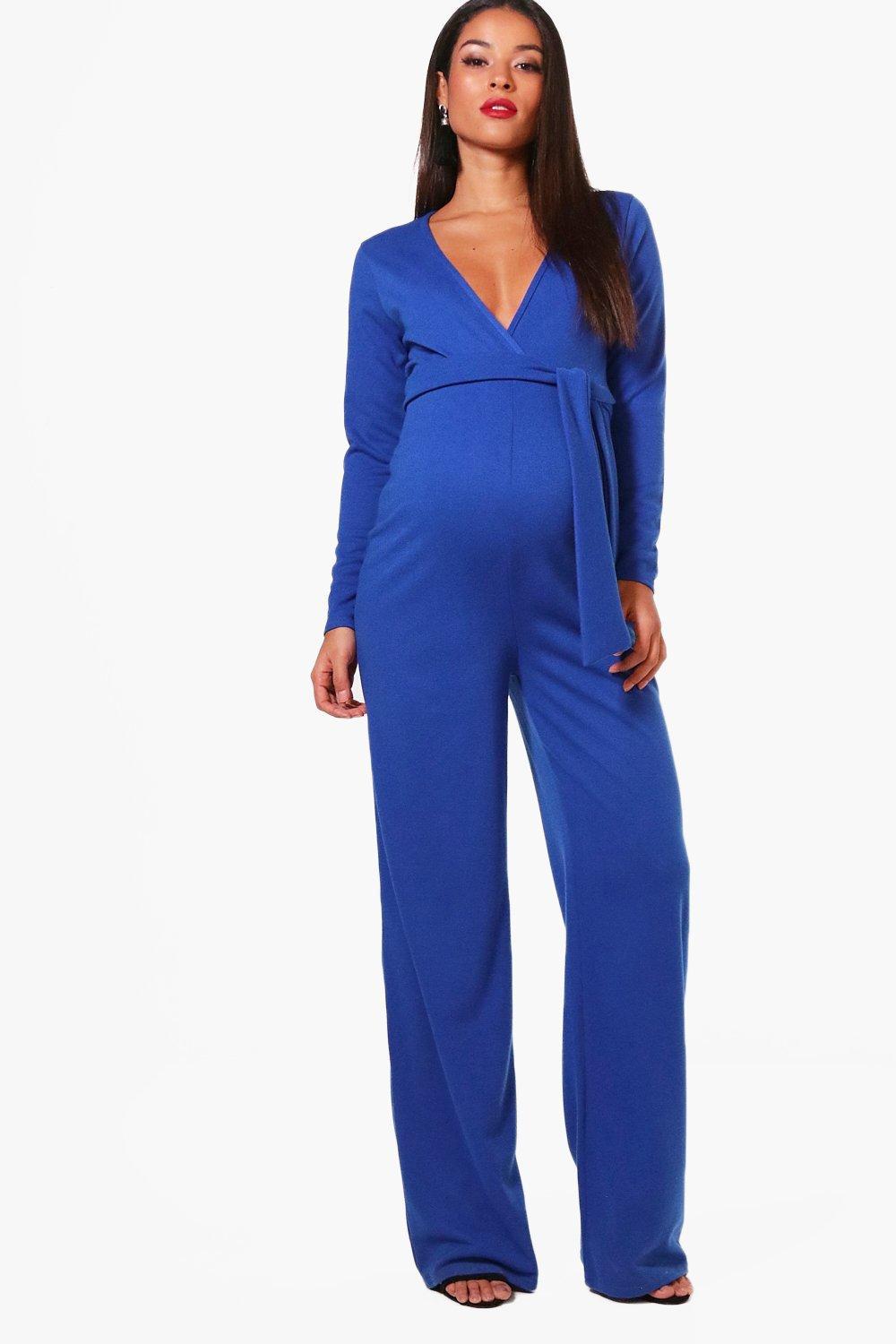 Boohoo Denim Maternity Tie Front Plunge Jumpsuit In Cobalt Blue Lyst 7943