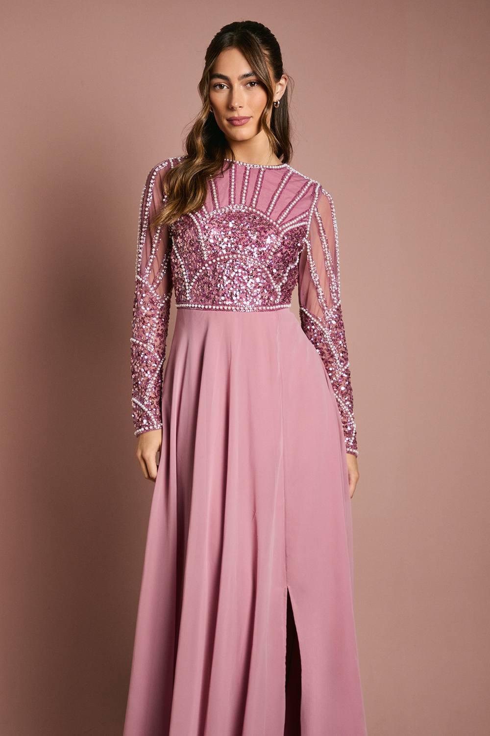 coast pink embellished dress Blush Coast Midi Dress With Embellishment & Long Sleeves